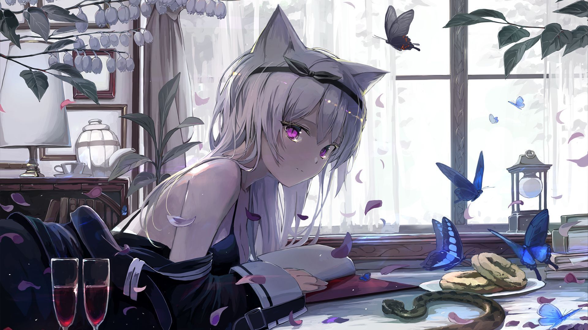 1920x1080 HD desktop wallpaper: Anime, Butterfly, Snake, Original, Purple Eyes, White Hair, Animal Ears download free picture