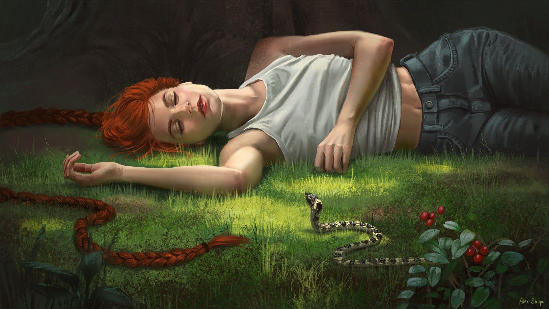 1920x1080 Wallpaper / fantasy, Illustrator, girl, art, Alex Shiga, 1080P, snake, forest, A slumber Wallpaper