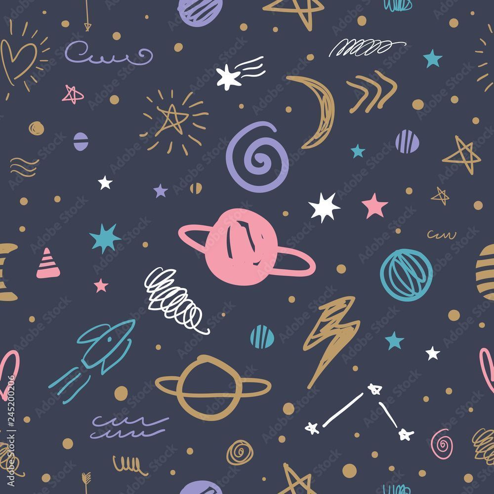 1000x1000 Vector cute cartoon space galaxy pattern. Nursery wallpaper, background. Stock Vector