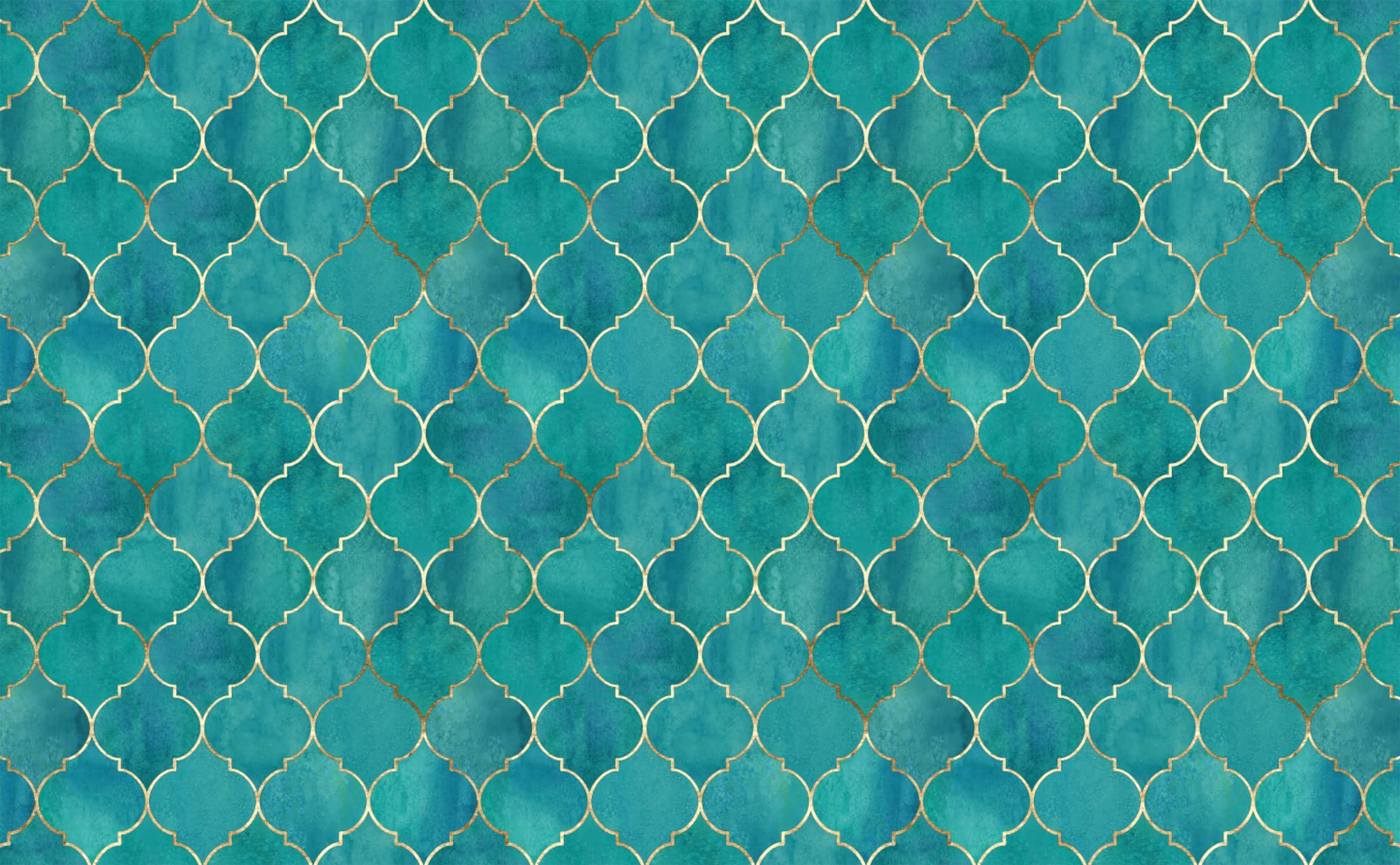 2592x1602 Small Print Teal and Green Watercolor with Vintage Gold Moroccan Pattern Wallpaper for Walls