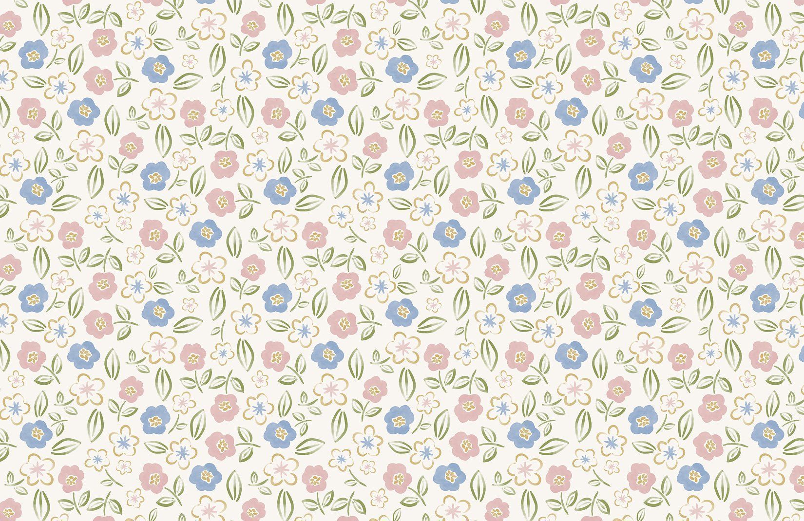 1650x1070 Pink & Blue Floral Block Print Wallpaper