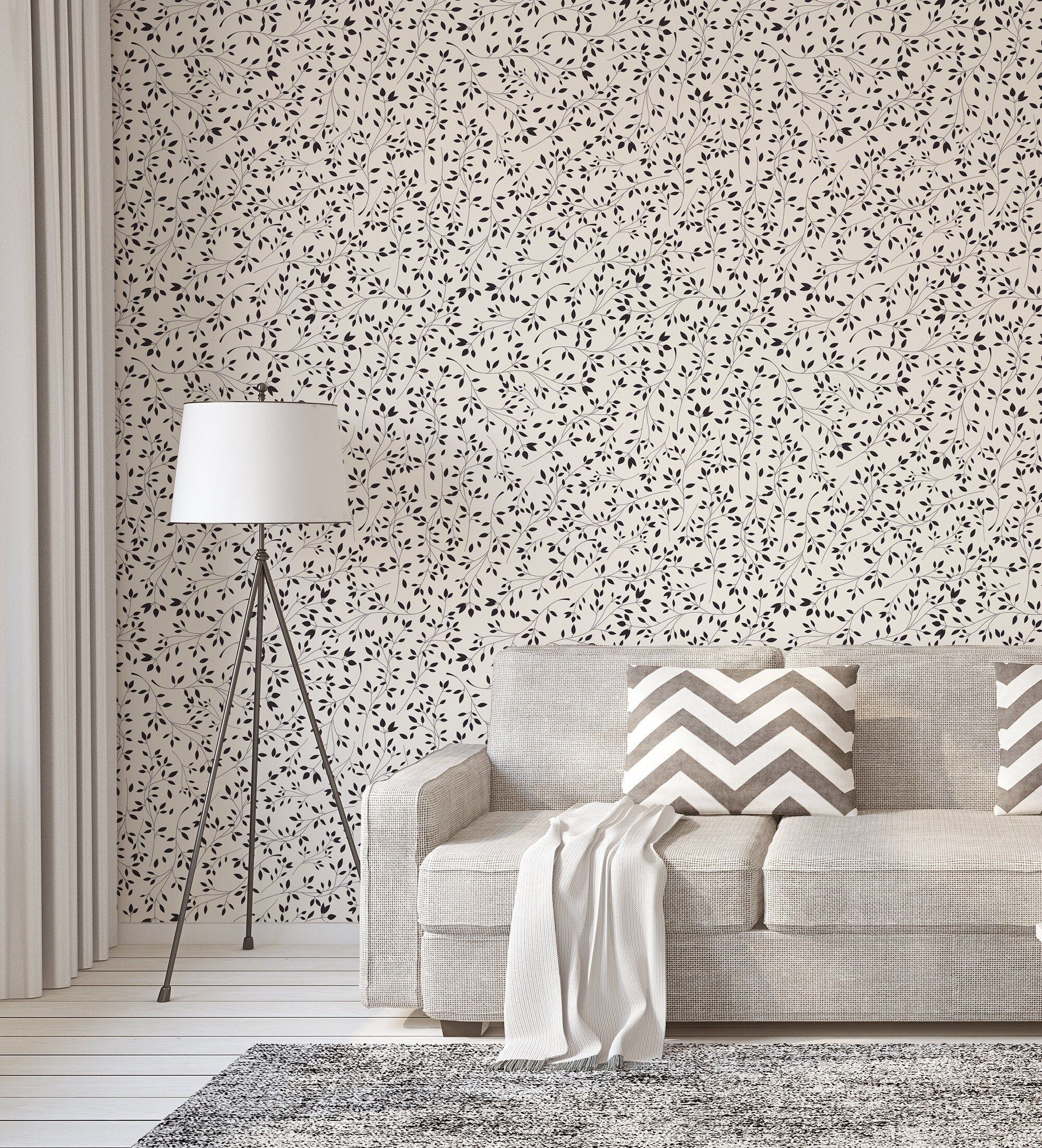 2000x2203 White Wallpaper With Elegant Small Black Leaf Pattern Self