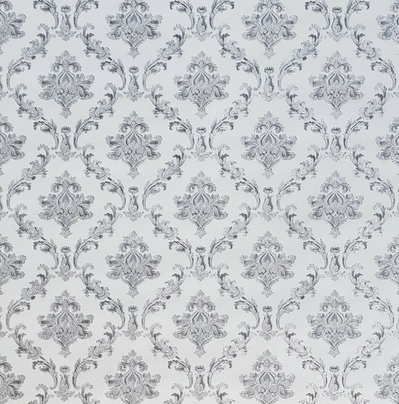 1347x1363 Embossed Victorian small damask white gray silver metallic Wallp