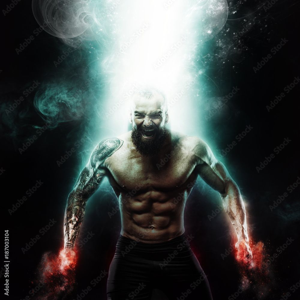 1000x1000 Sport and motivation wallpaper on dark background. Power athletic guy bodybuilder. Fire and energy