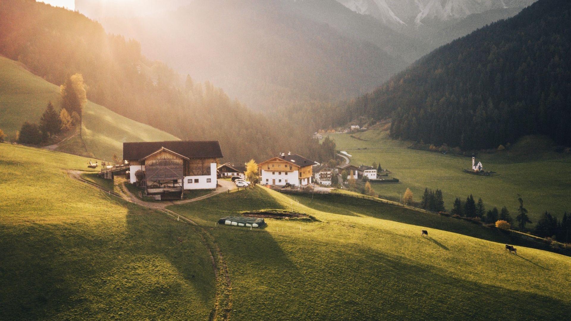 1920x1080 Download wallpaper 1920x1080 mountains, home, dawn, landscape