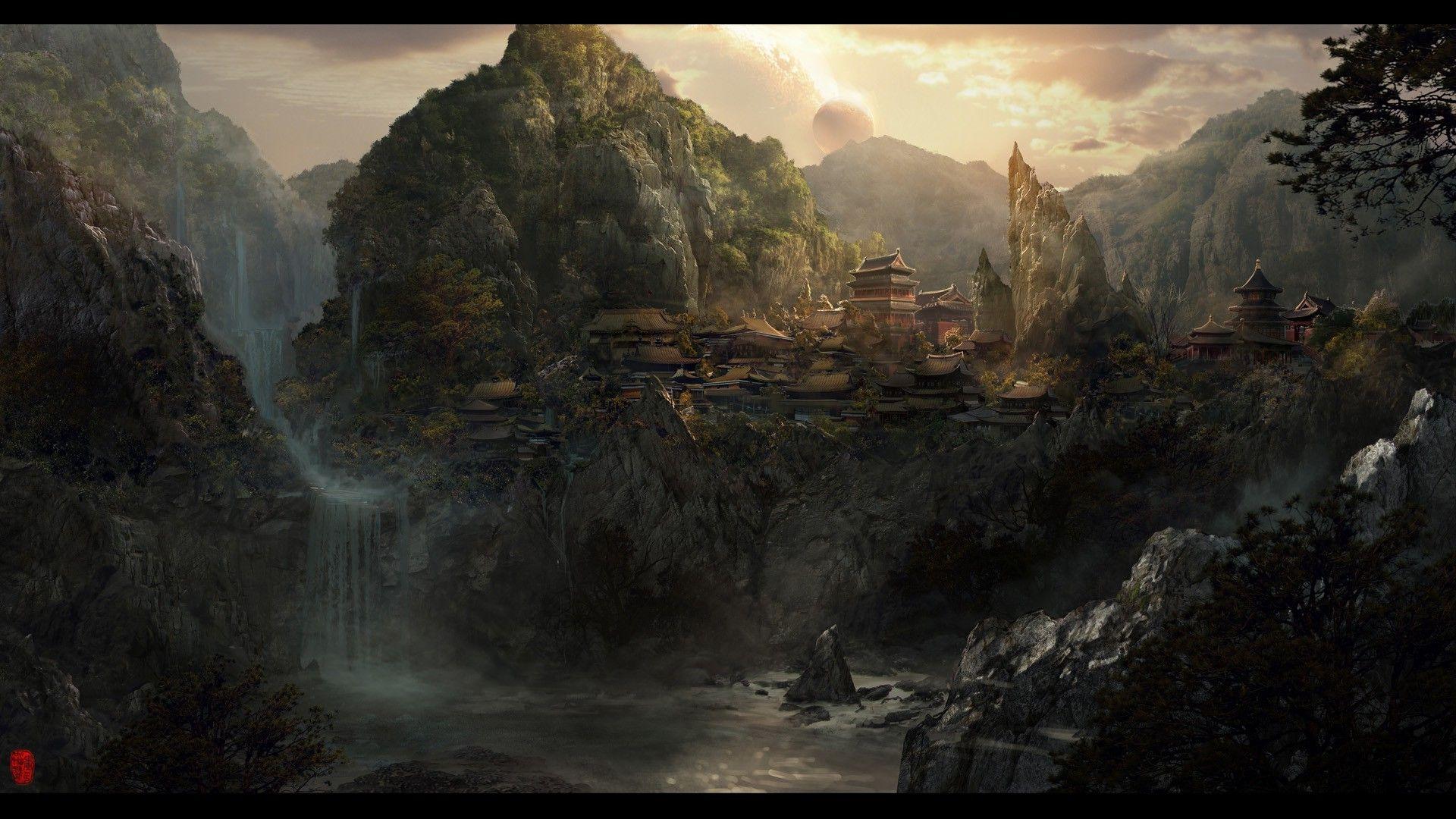 1920x1080 fantasy Art, Waterfall, Mountain, Japan Wallpaper HD / Desktop