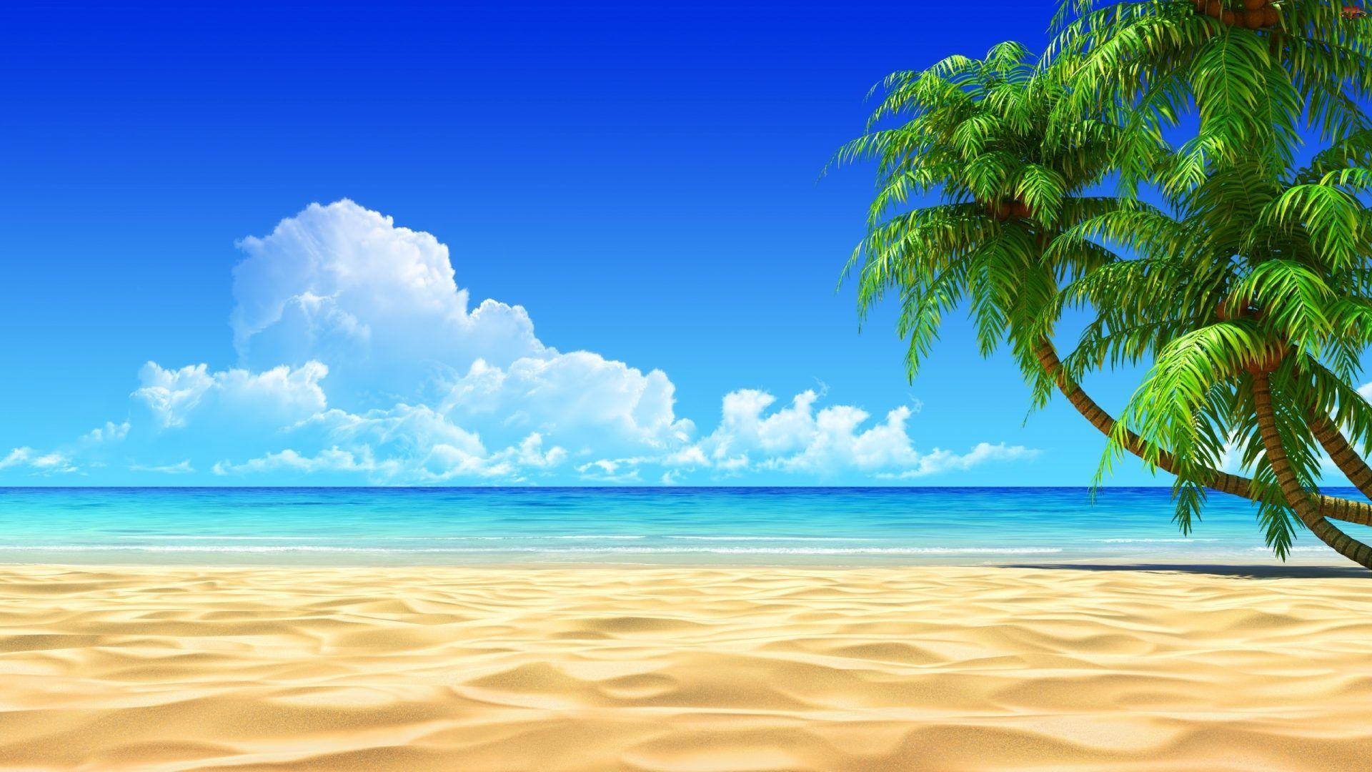 1920x1080 HD Beach, 3D, Beach, Blue Sky, Nature, Palm Trees, Sand, Nature