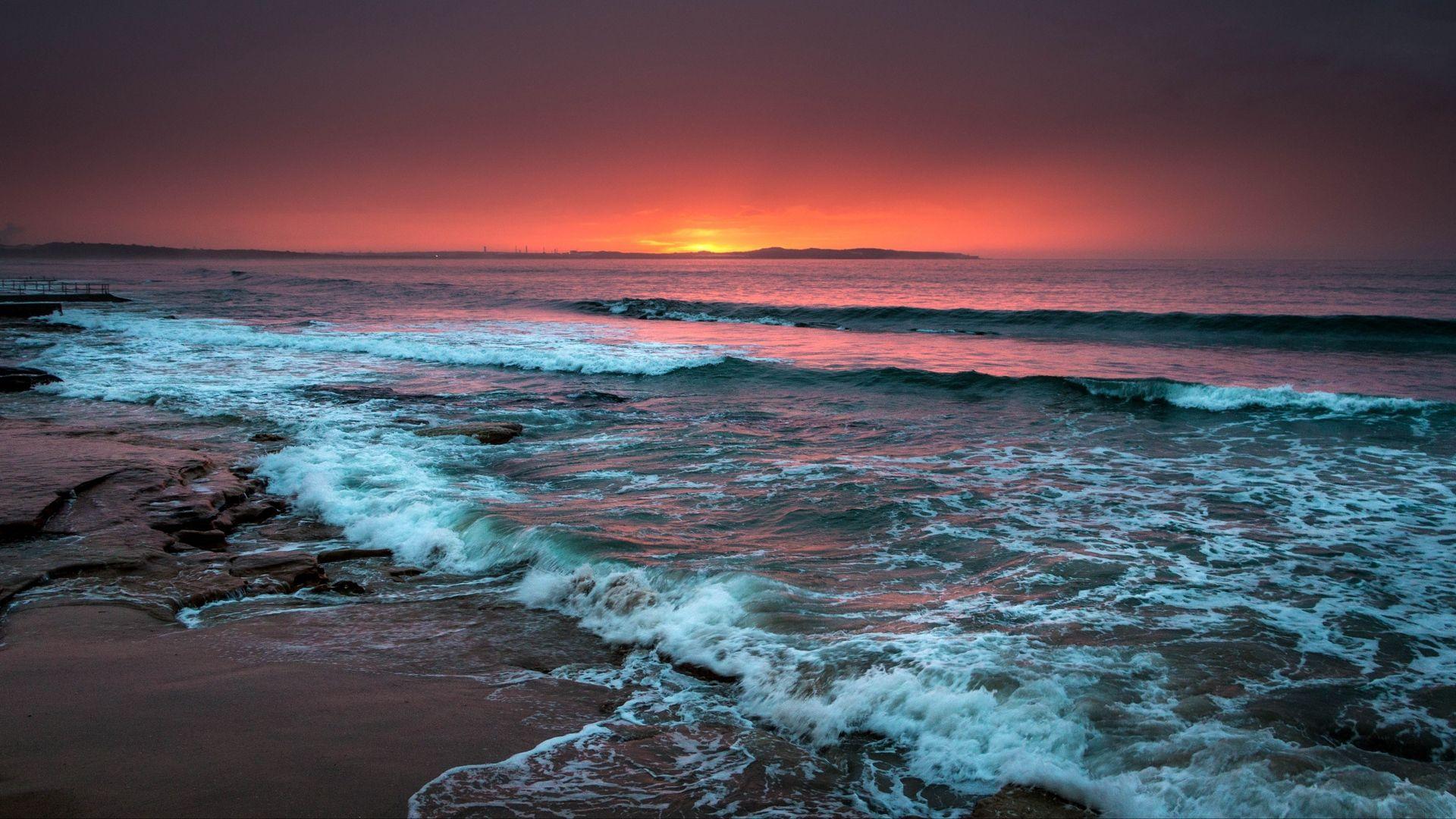 1920x1080 Download wallpaper 1920x1080 sea, horizon, sunset, waves, foam, surf