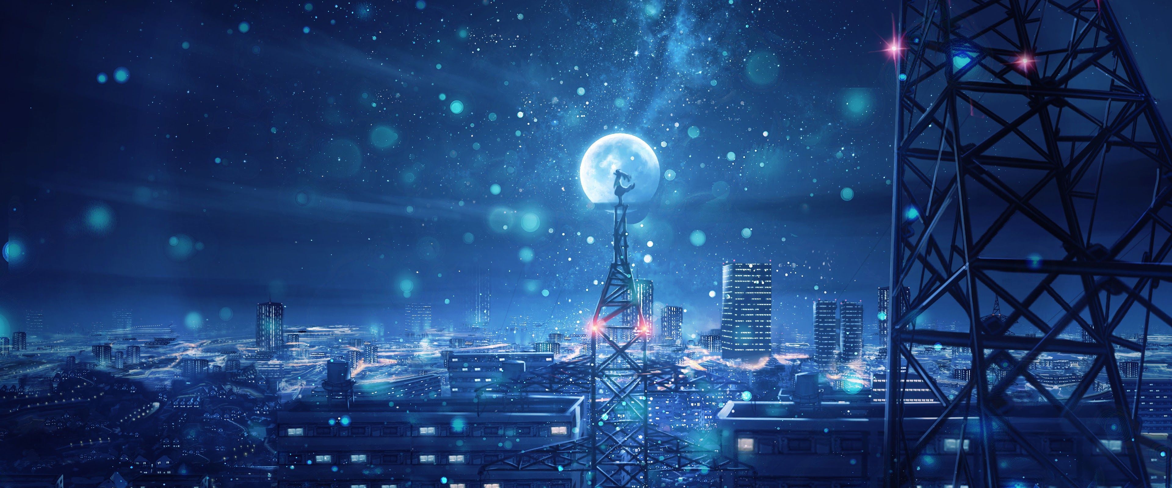 3840x1600 Night Sky City Stars Anime Scenery 4K Wallpaper