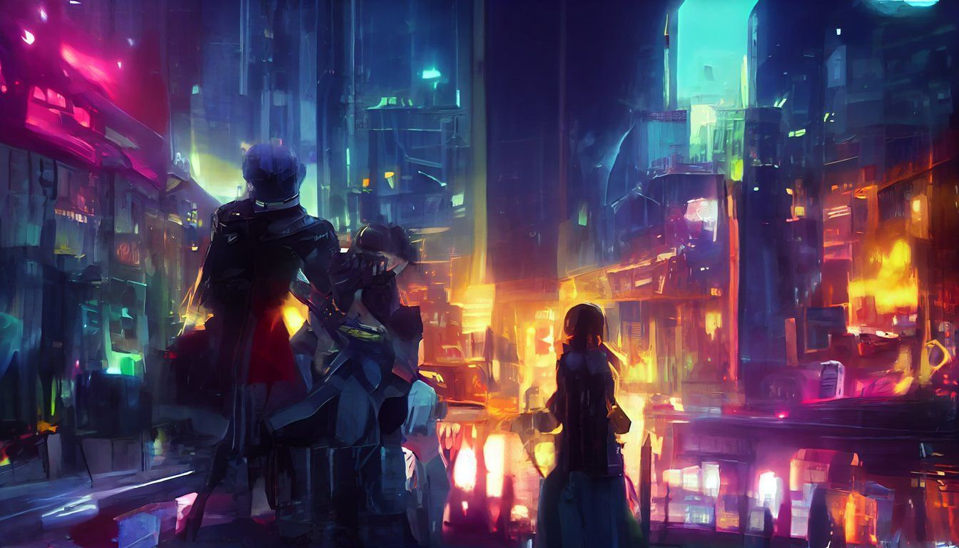 1344x768 prompthunt: cyberpunk 2077 + night city scene , blue and red, reflection, Supernatural, dark, moody, character design, KyoAni, Transparent space, Granblue Fantasy, background art by Krenz Cushart in the style
