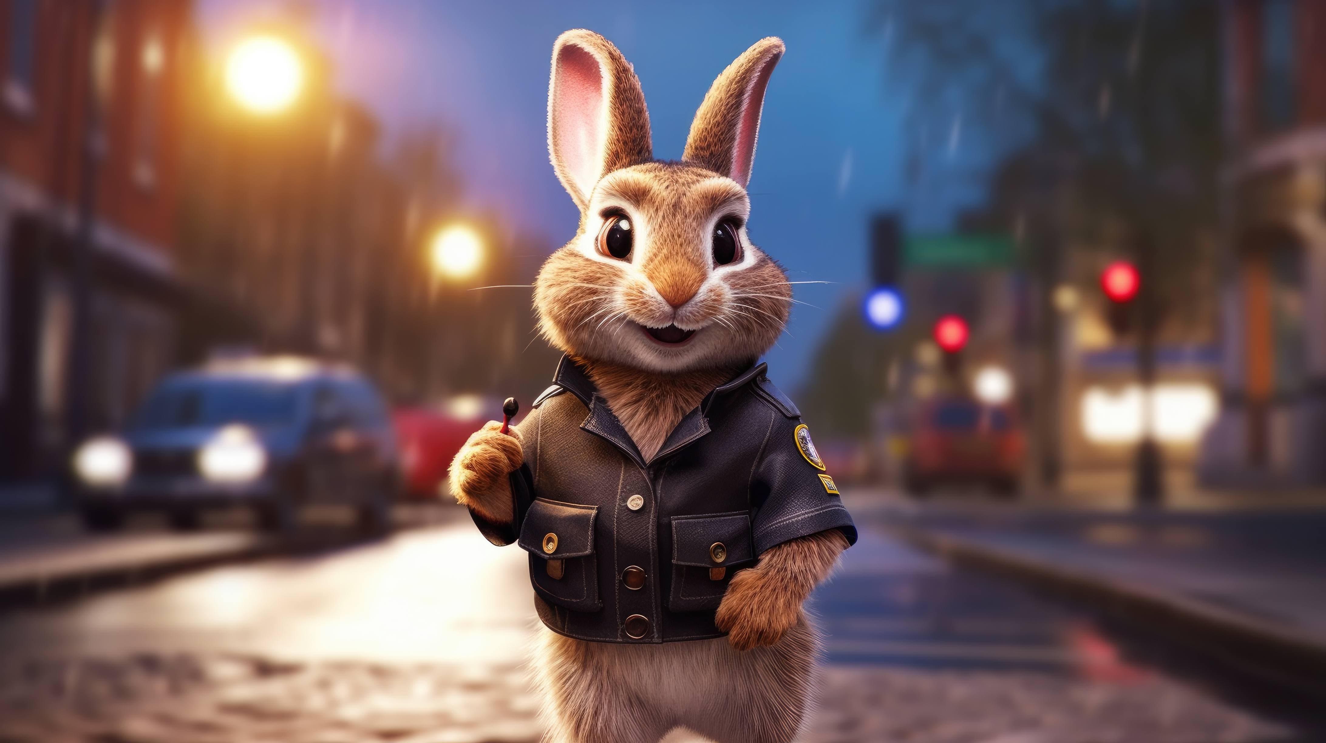 4368x2448 A 4K ultra HD wallpaper of a rabbit dressed in a police officer's uniform, wearing a badge and holding a flashlight, patrolling the streets as a vigilant law enforcement officer