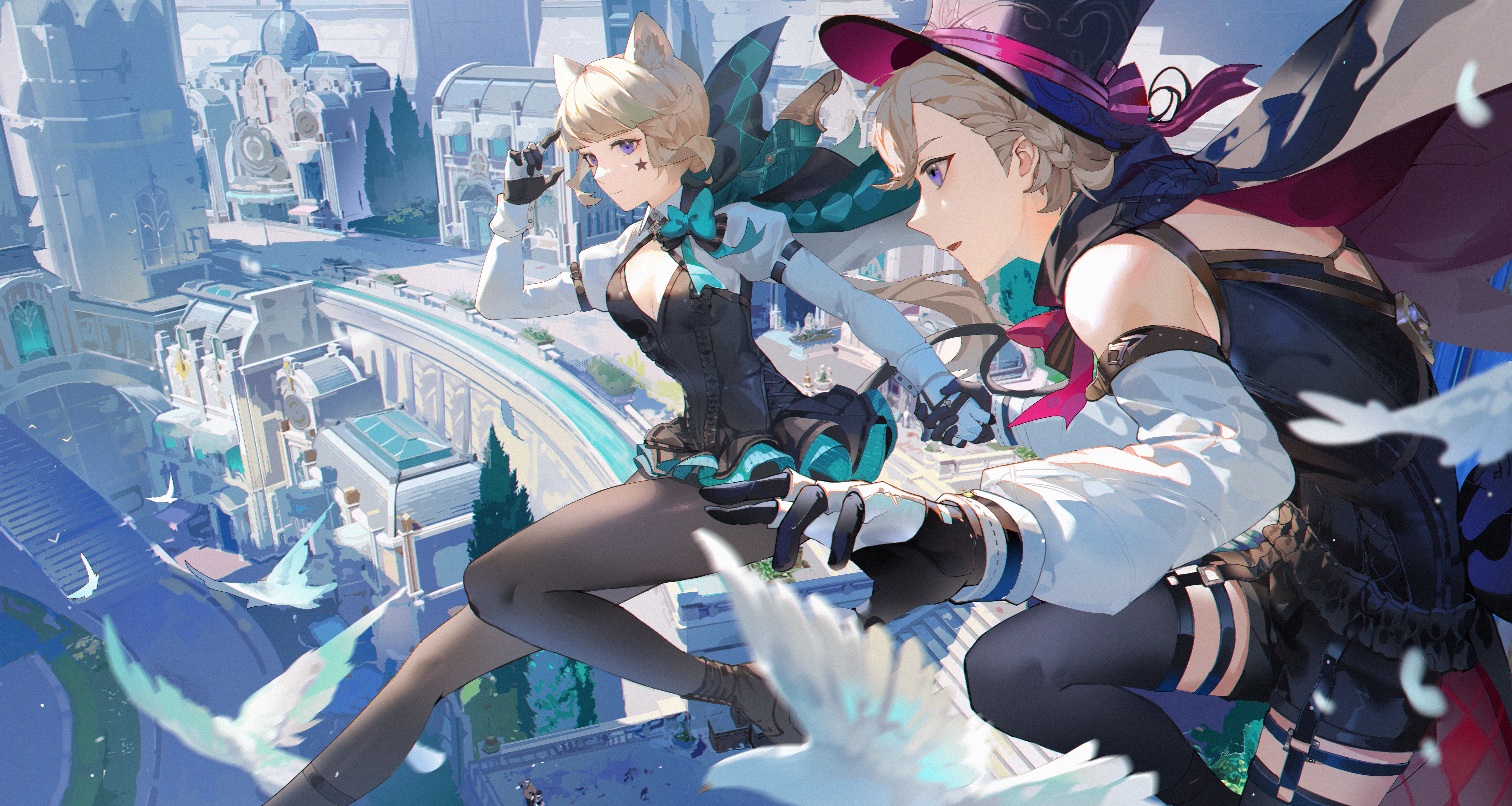 9995x5331 Lynette (Genshin Impact), cat girl, holding hands, braids, Lyney(Genshin Impact), Genshin Impact, anime boys, anime girls, birds, animals, hat, cat ears, building, feathersx5331 Wallpaper
