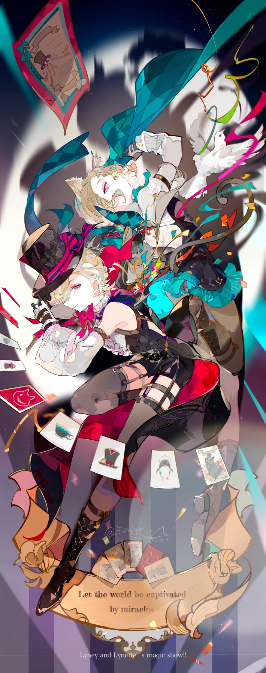881x2222 looking at viewer, hair over one eye, cat girl, Lynette (Genshin Impact), anime, anime girls, portrait display, hat, cards, text, signature, watermarked, cat ears, birds, animals, Genshin Impact, Lyney(Genshin Impact)x2222