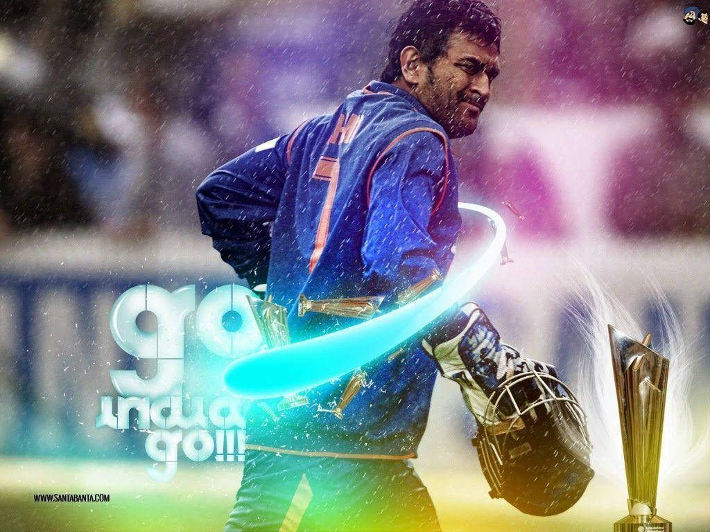 1024x768 Download Ms Dhoni With Championship Trophy Wallpaper