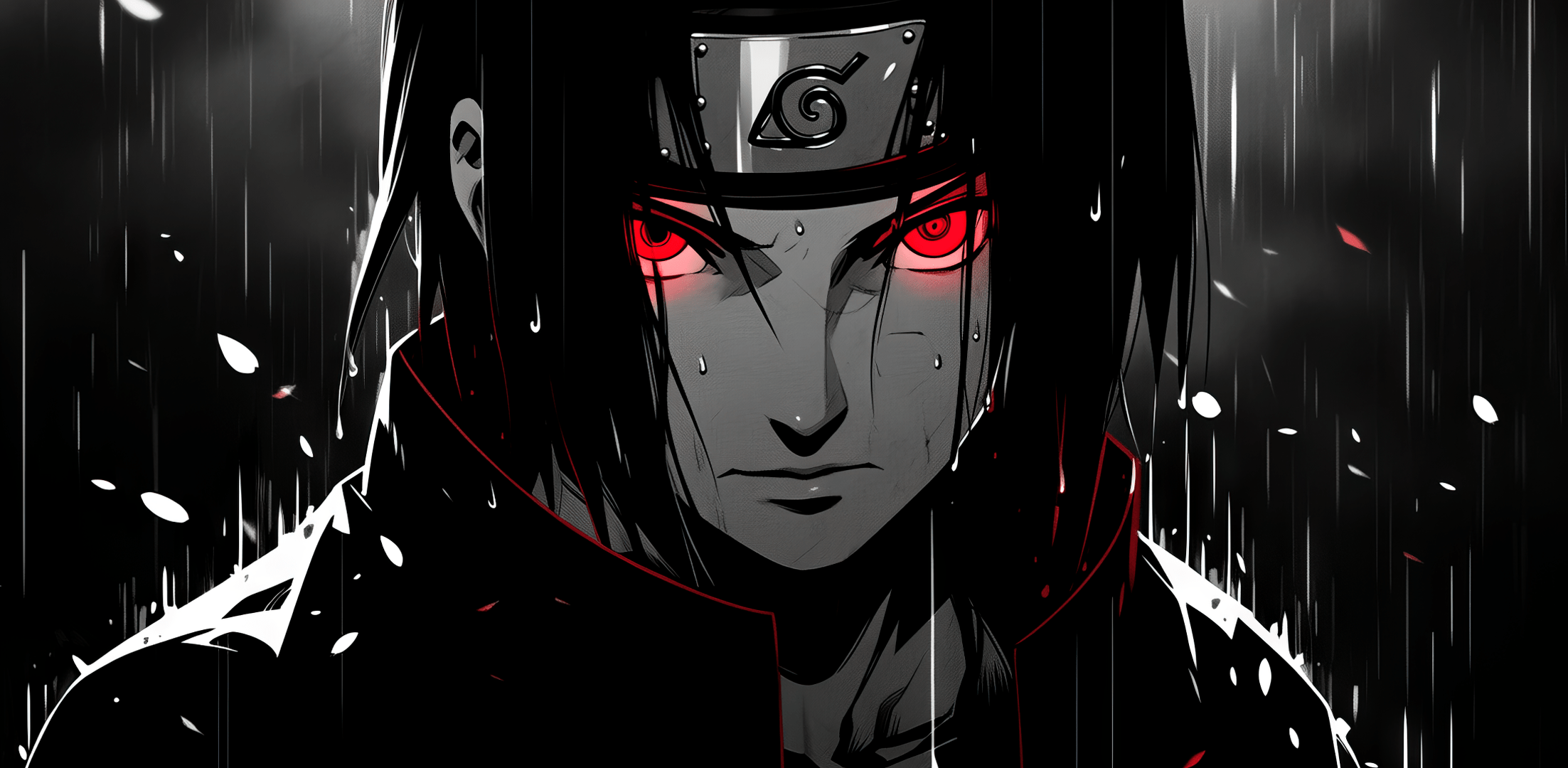 2205x1080 red eyes, looking at viewer, anime boys, Naruto (anime), Uchiha Itachi, monochrome, Naruto Shippuden, Shonen Jump, manga sketch, manga, rain, simple background, minimalism, headbandx1080 Wallpaper