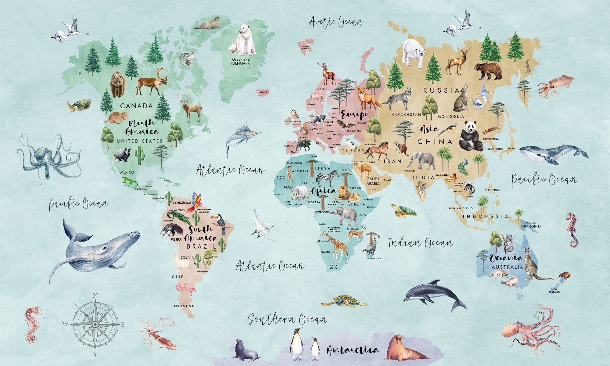 2000x1200 Kids Watercolor World Map Wallpaper Mural • Wallmur®