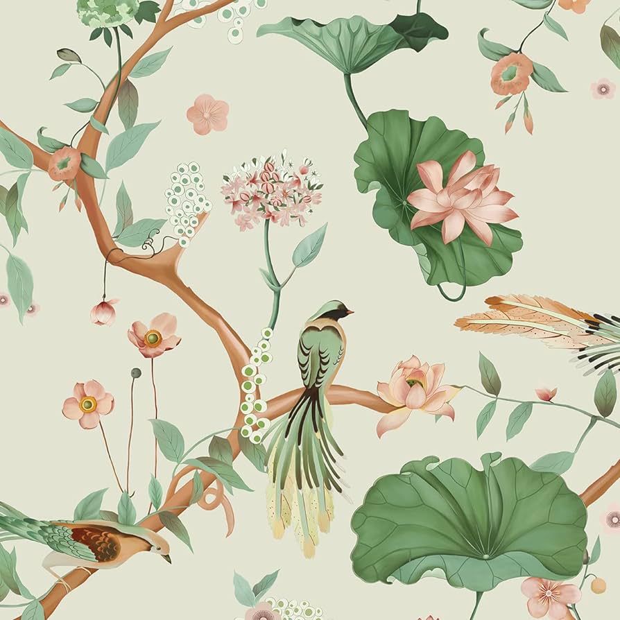 894x894 GloryTik 16.14 X 197 Floral Peel And Stick Wallpaper Lotus Leaf Birds Self Adhesive Wallpaper Flowers Contact Paper Beige Green Pink Removable Wallpaper For Room Wall Cabinets Decoration