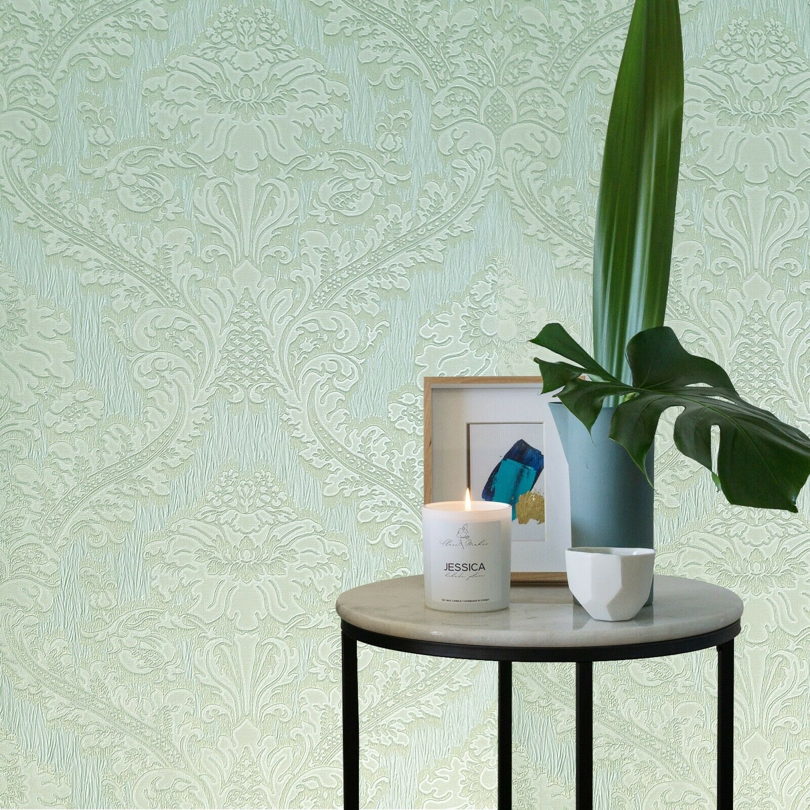 1600x1600 M2064 Embossed green beige gold Victorian damask Wallpaper