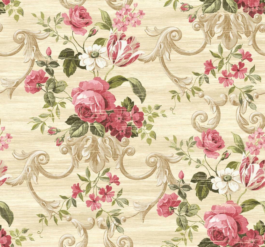 1097x1024 Wallpaper Large Pink Red Green Floral Scroll on Beige Cream Faux, 60 sq ft bolt