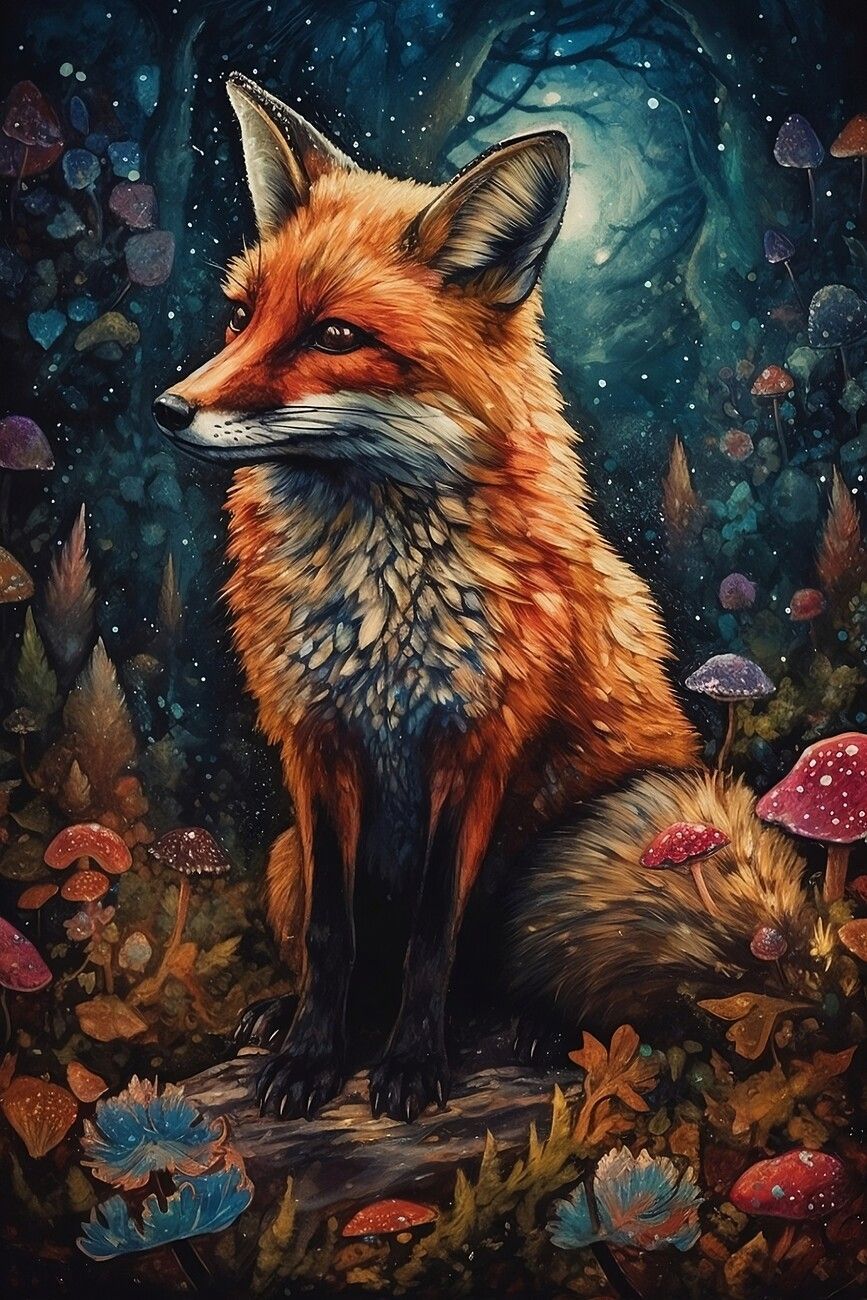 867x1300 fantasy red fox, woodland, starry night, Wall Mural