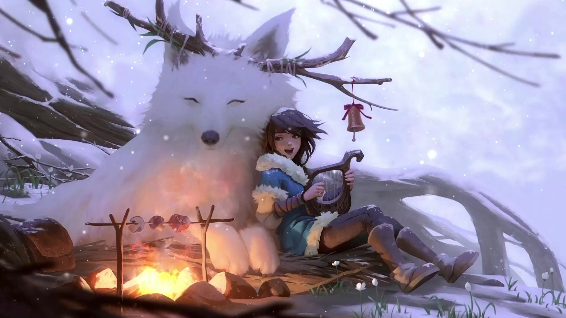 1920x1080 Fantasy Harp Girl With Snow Fox Live Wallpaper
