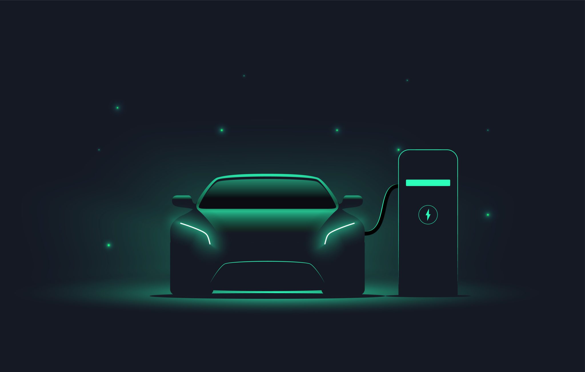 2048x1305 Electric car at charging station. Front view electric car silhouette with green glowing on dark background. EV concept. Vector illustration Fahrtenbuch AutoLogg