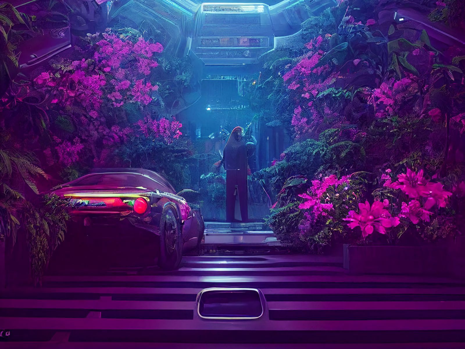 1600x1200 Download wallpaper 1600x1200 spaceship, car, silhouette, flowers, glow, fantasy, cyberpunk, art standard 4:3 HD background