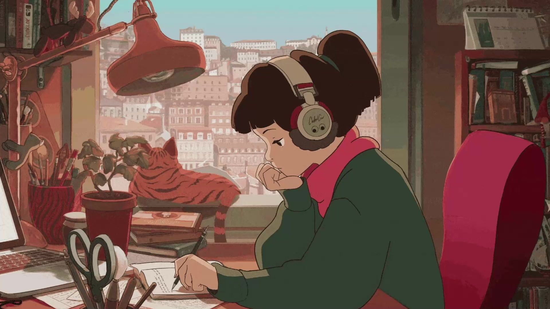 1920x1080 Girl With Headphones Studying In Room Live Wallpaper