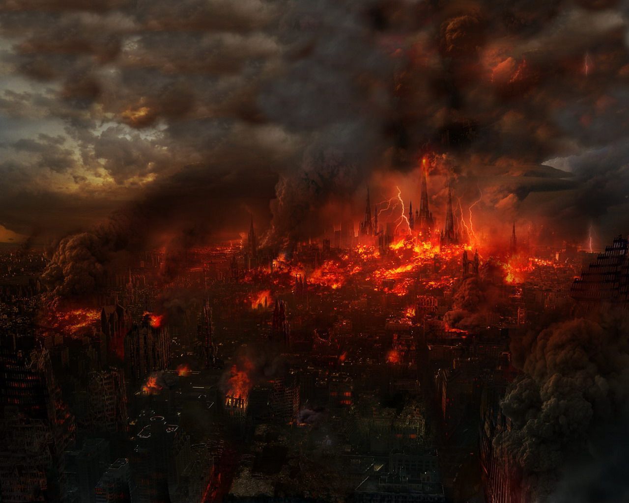1280x1024 burning city. Fantasy city, Matte painting, World wallpaper