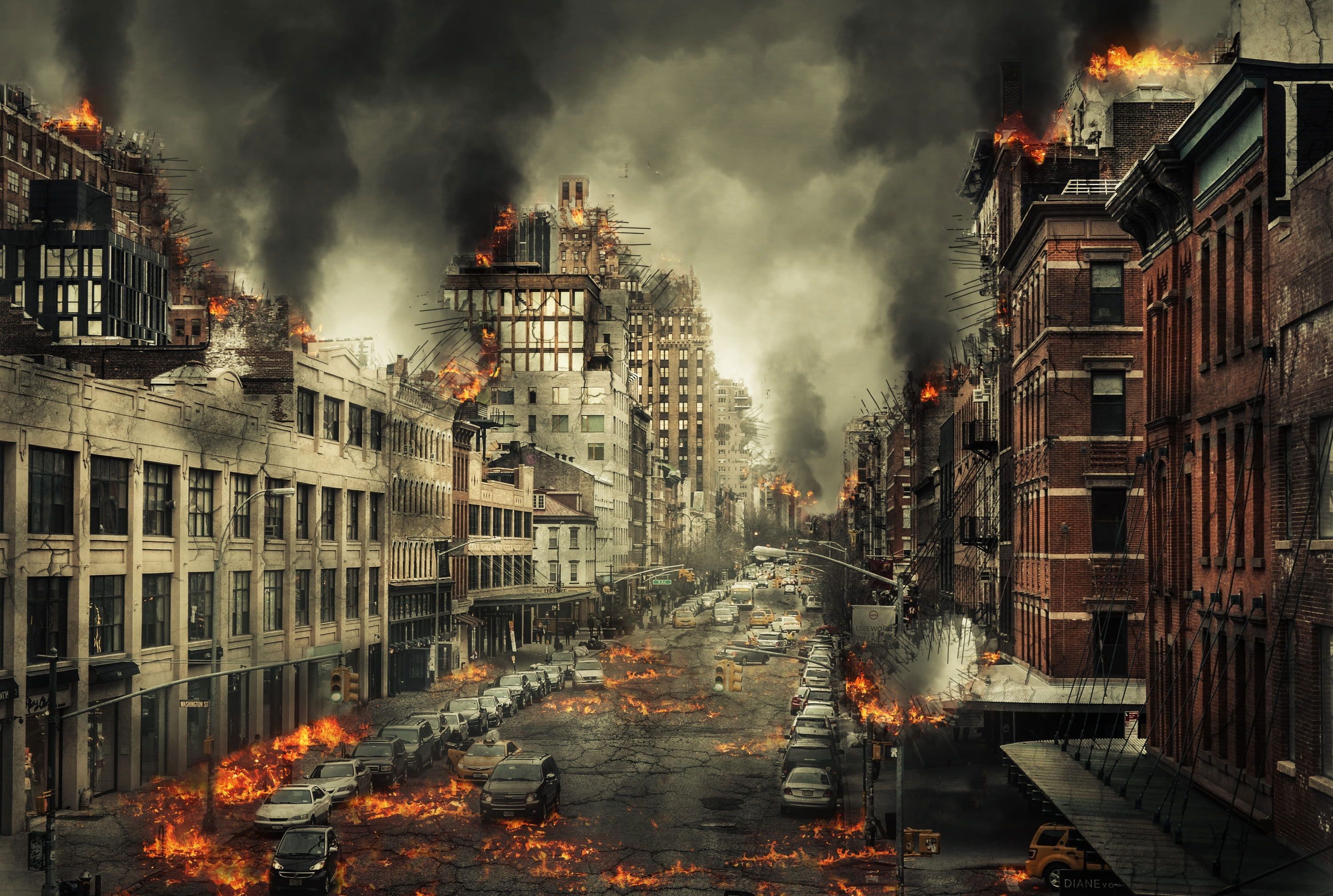 3000x2017 Wallpaper Burning City With With Dark Smoke Illustration