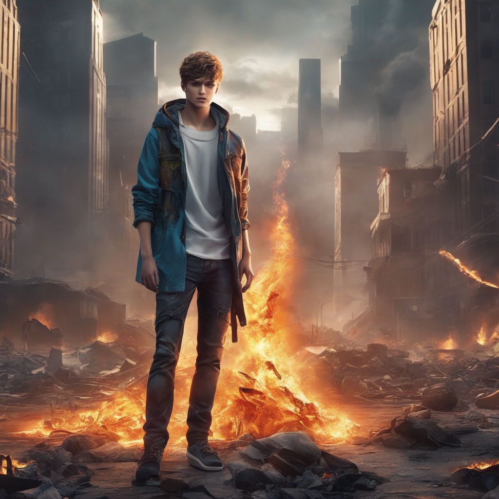 1024x1024 and change the background to an image of a burning city in the background