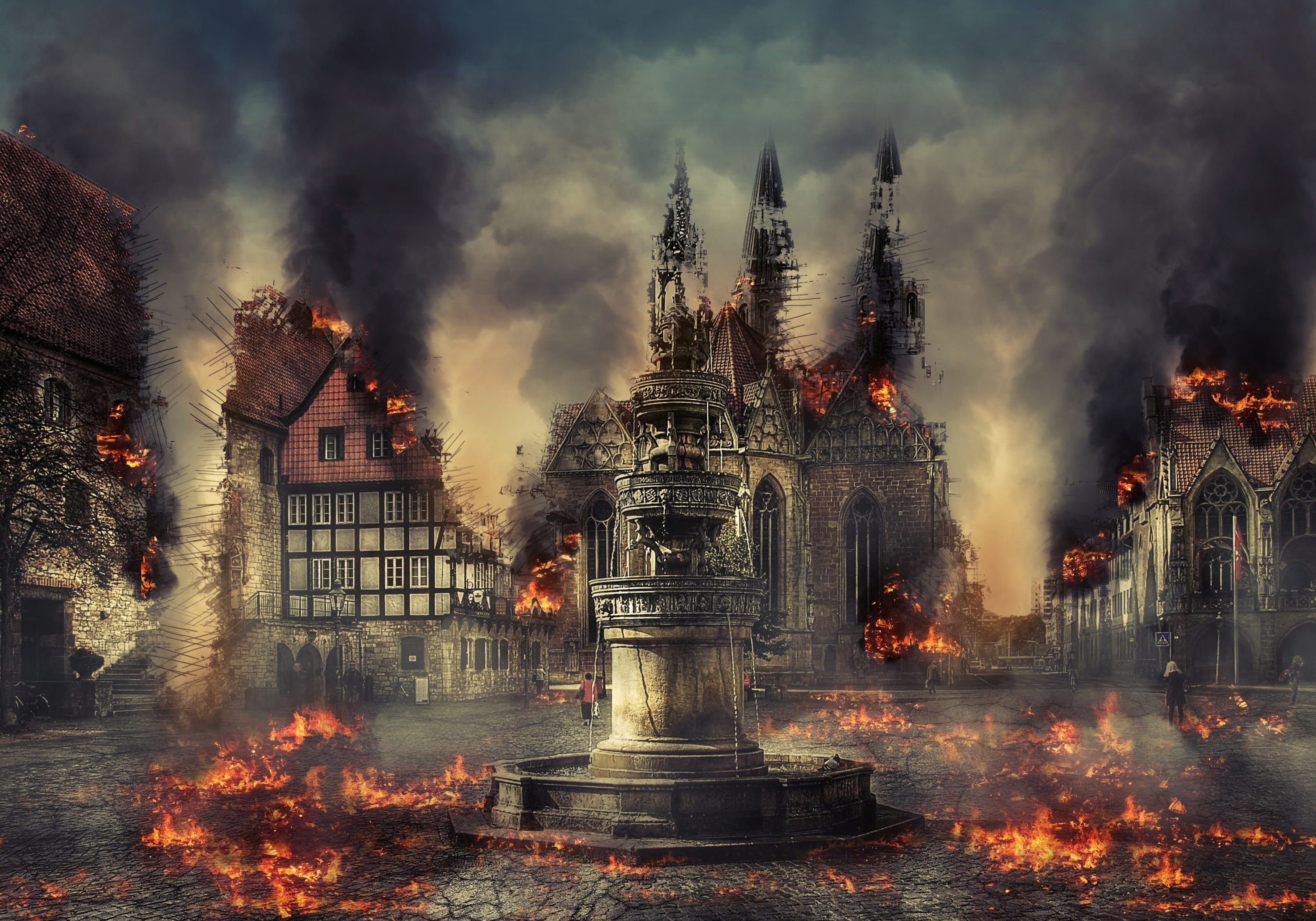 3000x2099 Wallpaper / cloud, city, fire, building exterior, 2K, building, market place, landmark, smoke, germany, devastating, architecture, motion, destruction, braunschweig Wallpaper