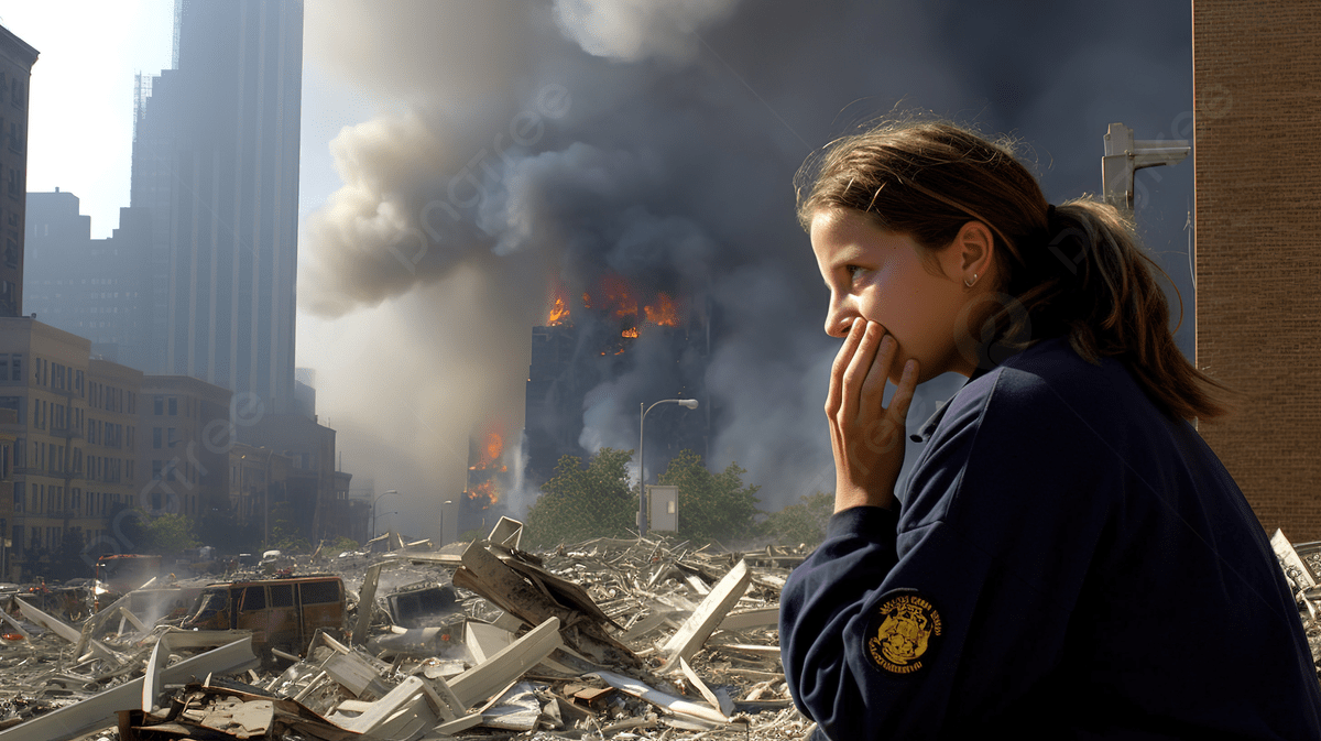 1200x673 Woman Mourning For Her Friend As She Sees A City Burning Background, 9 11 Facebook Picture Background Image And Wallpaper for Free Download