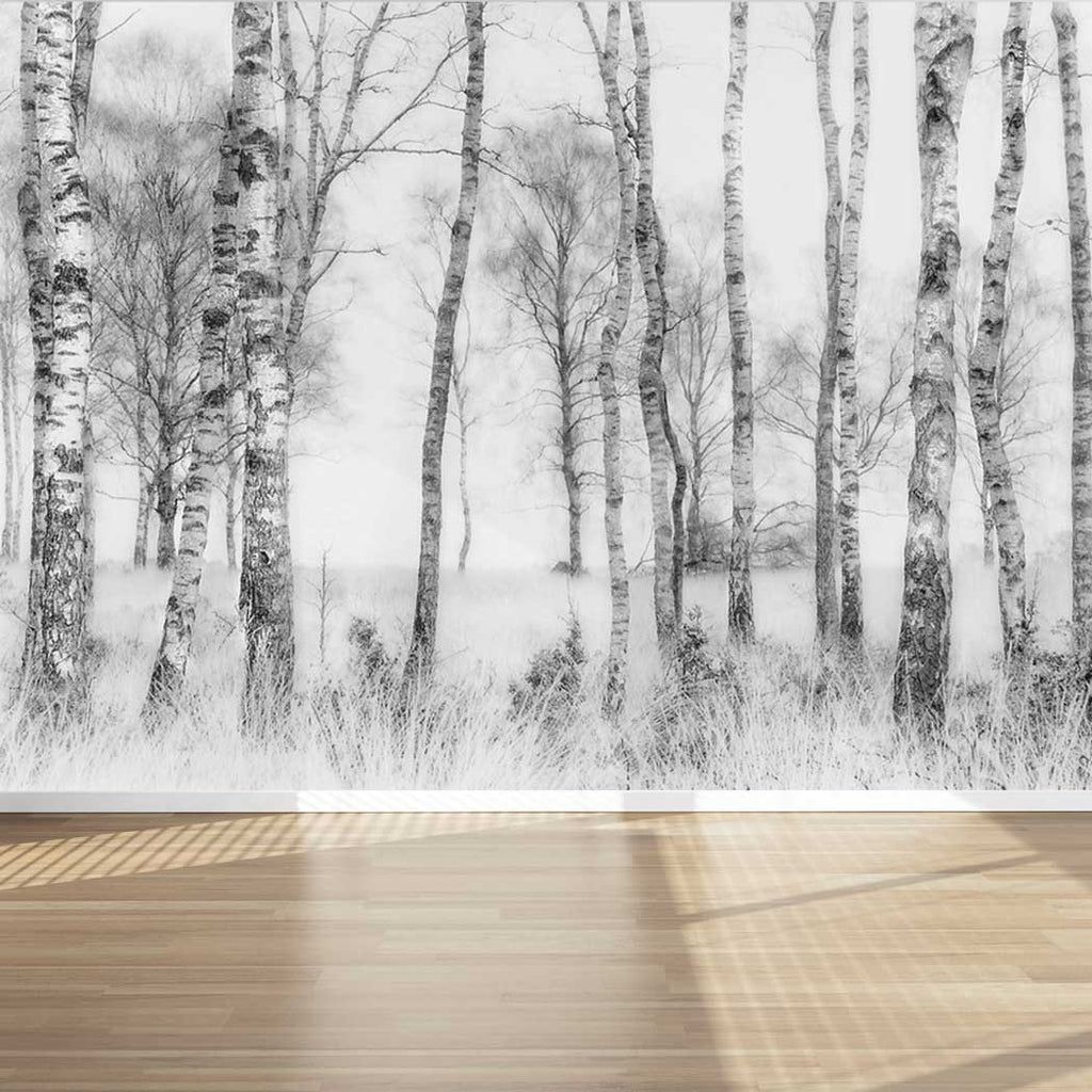 1024x1024 Wall Mural Black and white Birch trees and Stick Fabric Wallpap