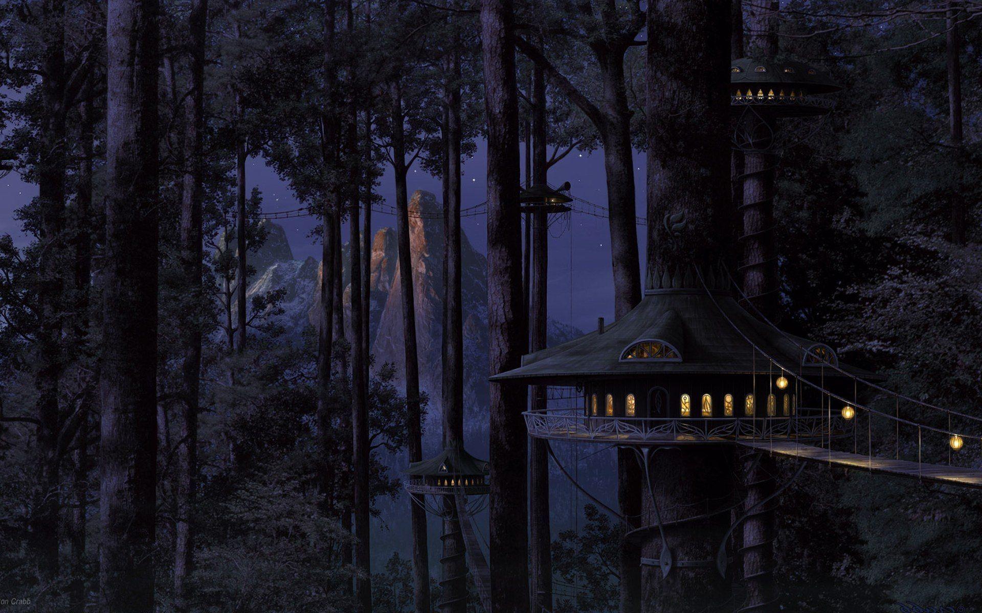 1920x1200 Fantasy Forest Wallpaper Cottage At Night, HD