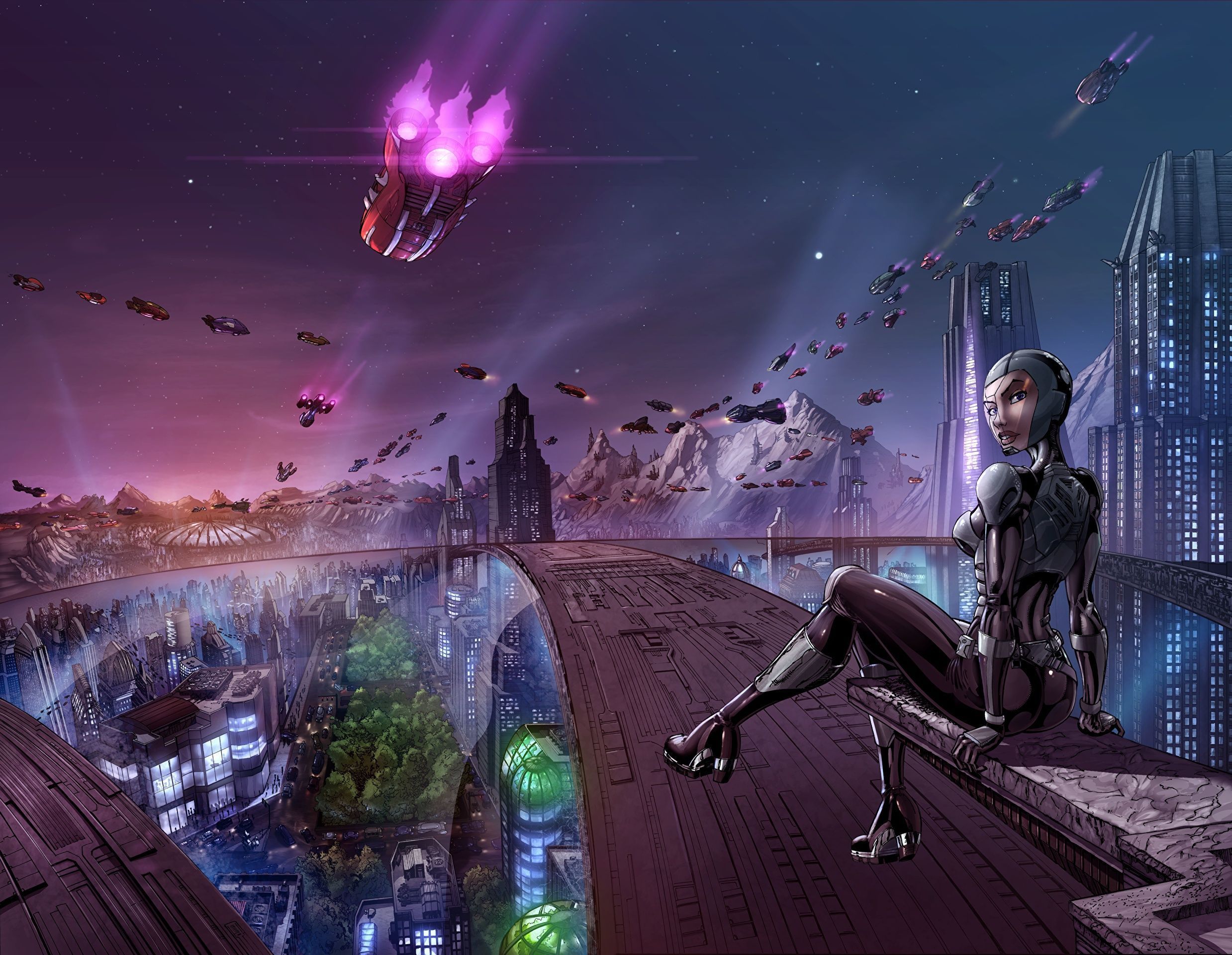 2477x1920 City Cyberpunk Futuristic Girl Skyscrape HD Wallpaper