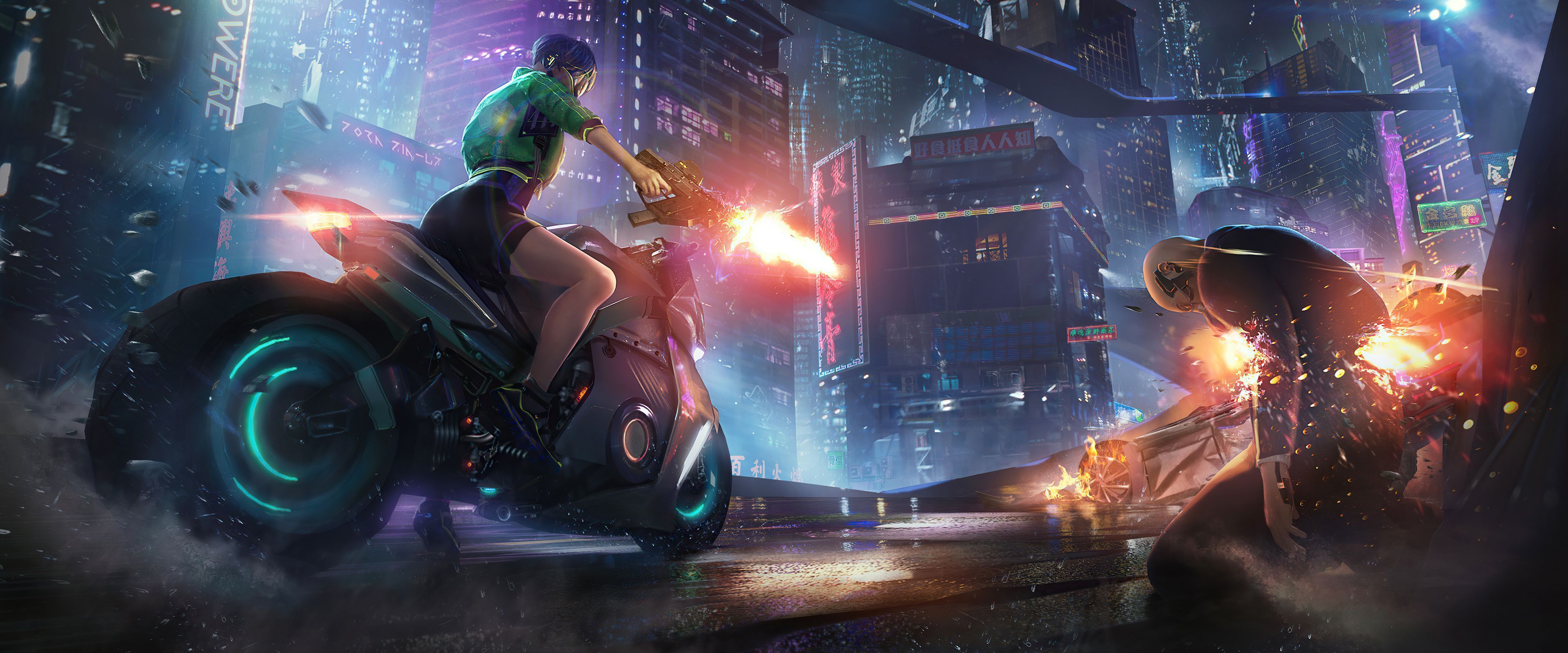 3840x1600 Cyberpunk Futuristic Girl Motorcycle Weapon HD Wallpaper For Your XFCE Desktop