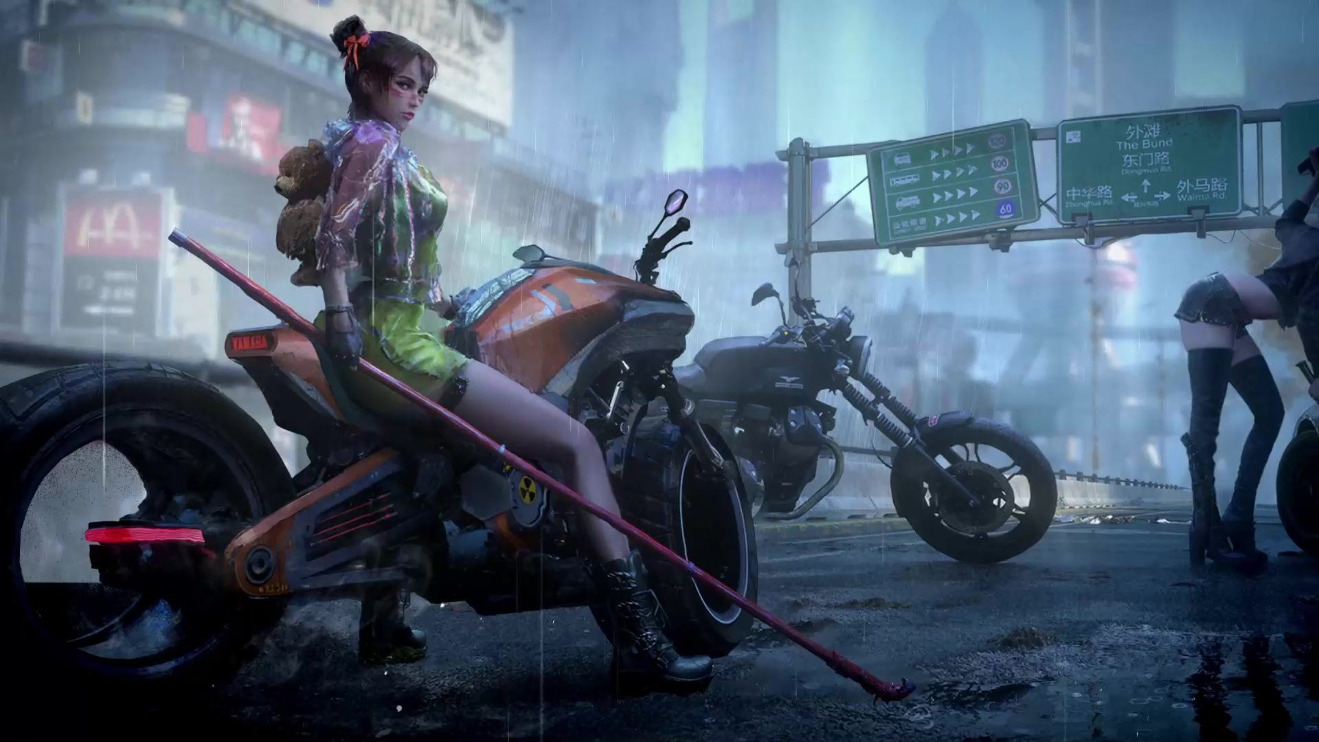 1920x1080 Bike Girl Futuristic In The Rain Live Wallpaper