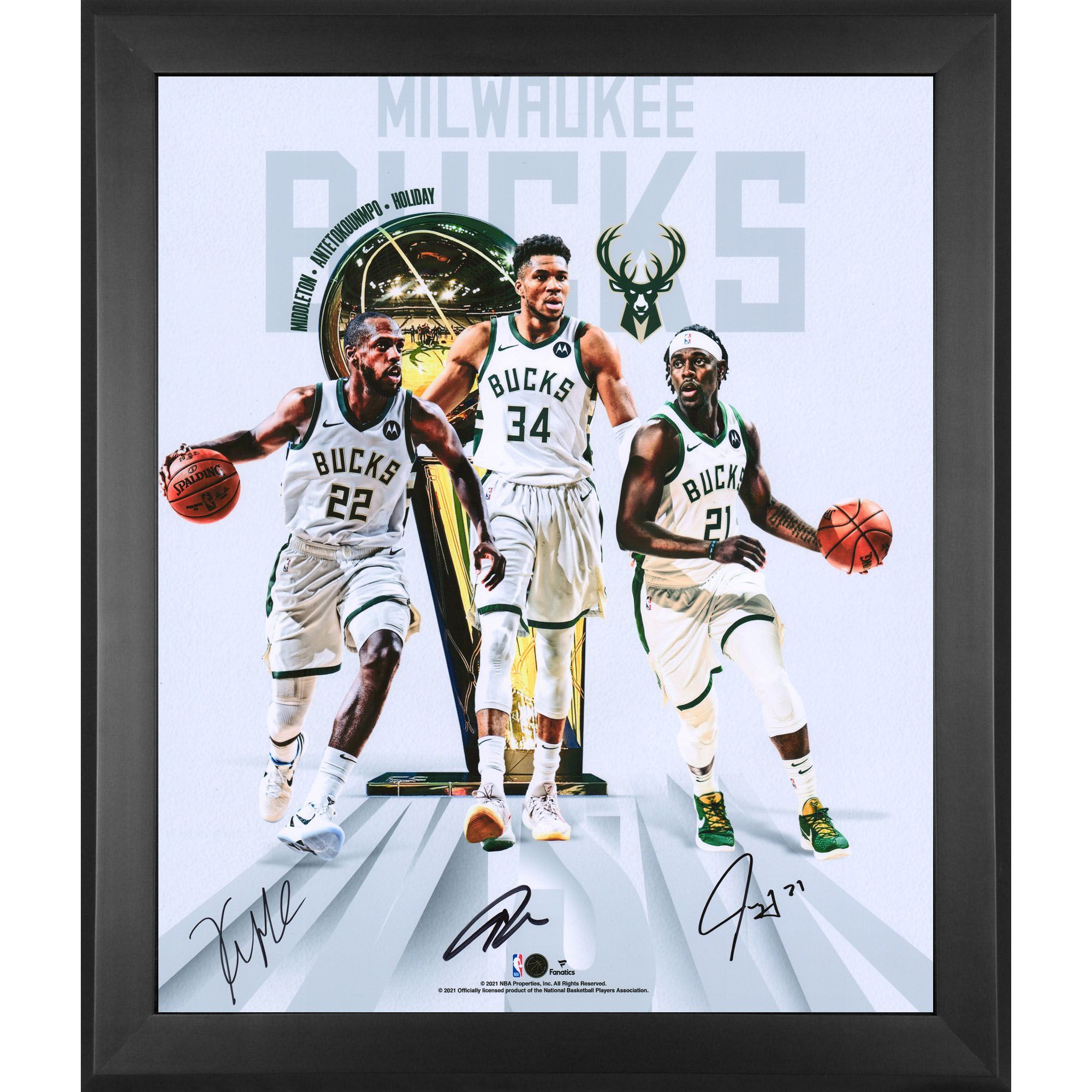 2000x2000 Giannis Antetokounmpo Khris Middleton & Jrue Holiday Milwaukee Bucks Multi Signed Framed 20'' X 24'' In Focus Photograph Edition Of 21