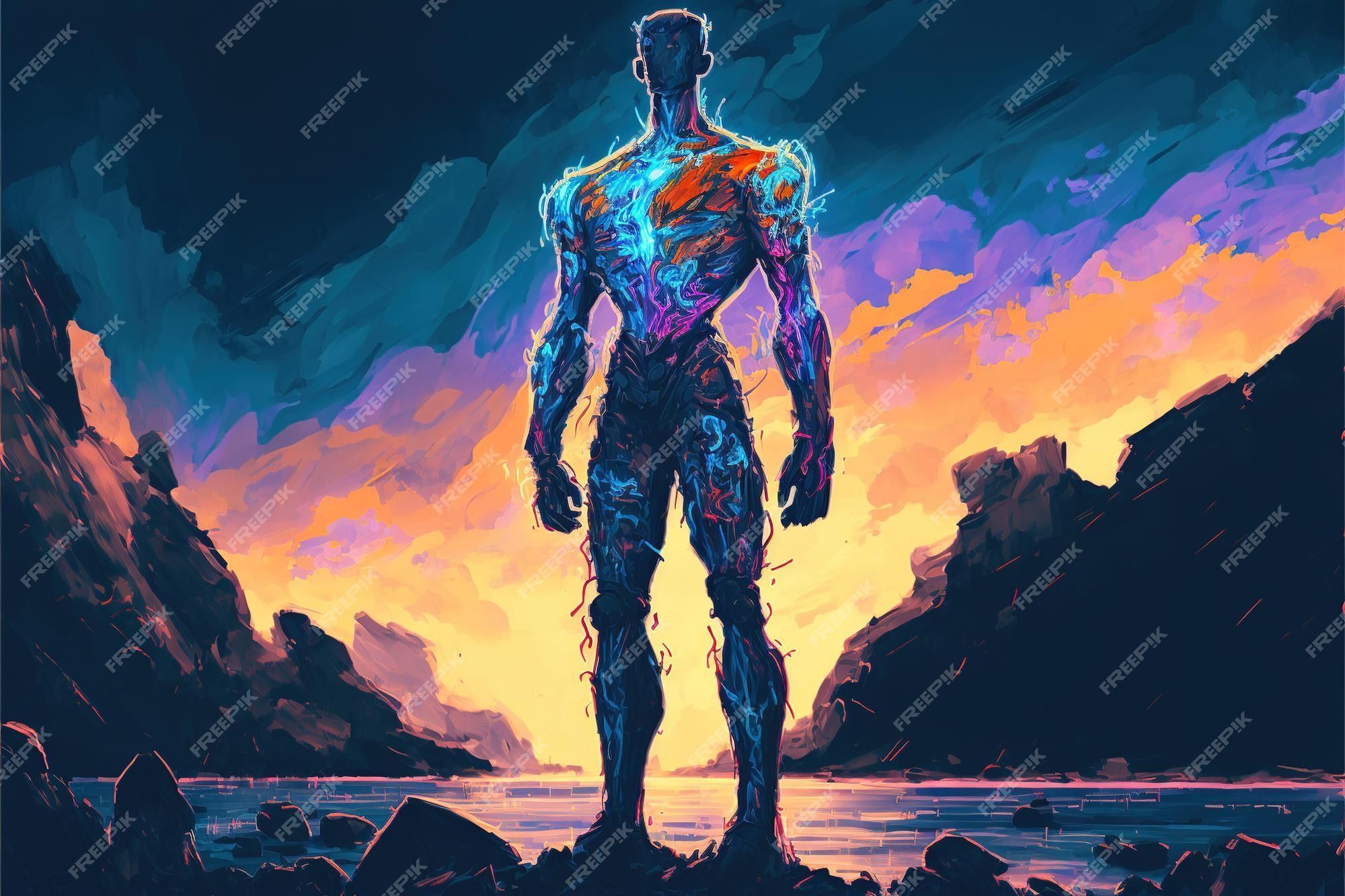 2000x1333 Premium Photo. Superhuman with glowing arms standing on the rocks digital art style illustration painting fantasy concept of a superhuman