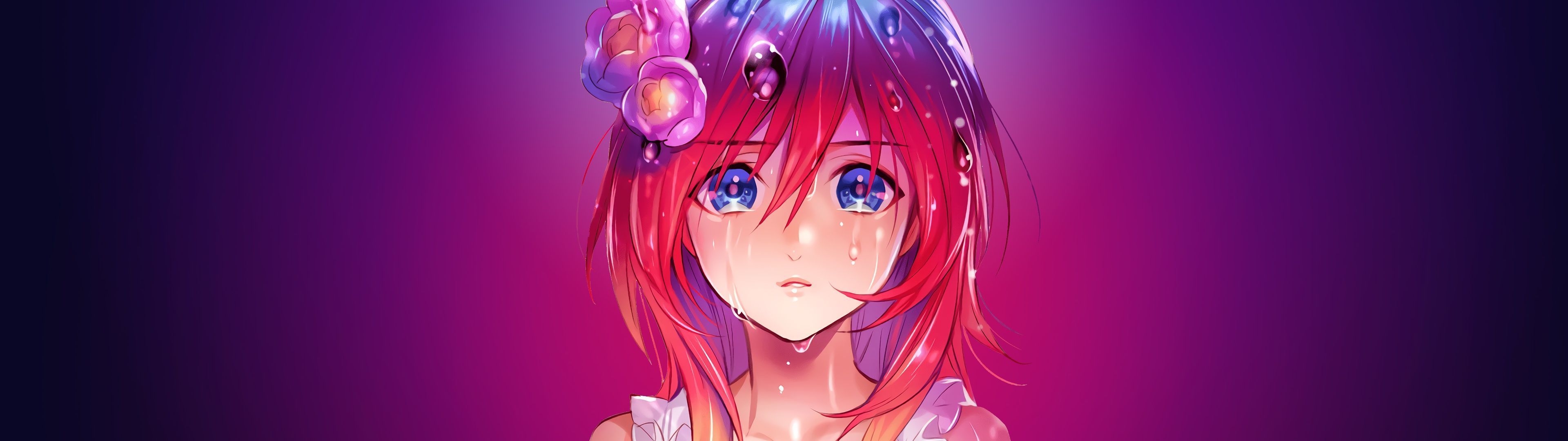 3840x1080 Anime girl Wallpaper 4K, Sad, Pink background, Sad girl