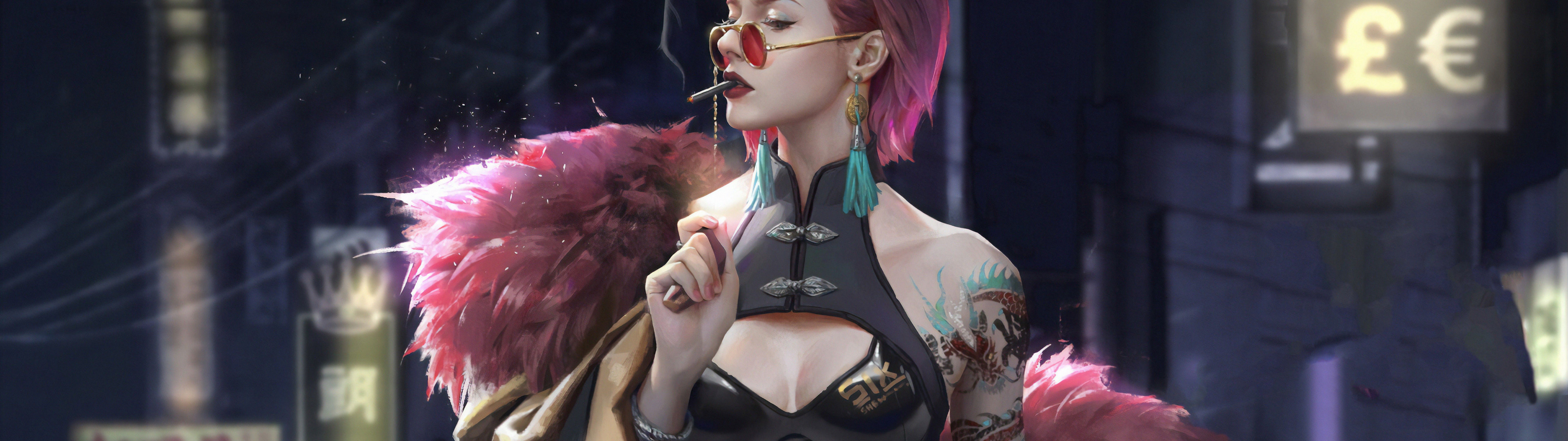7680x2160 Cyberpunk Girl Digital Art Sci Fi 4K Wallpaper