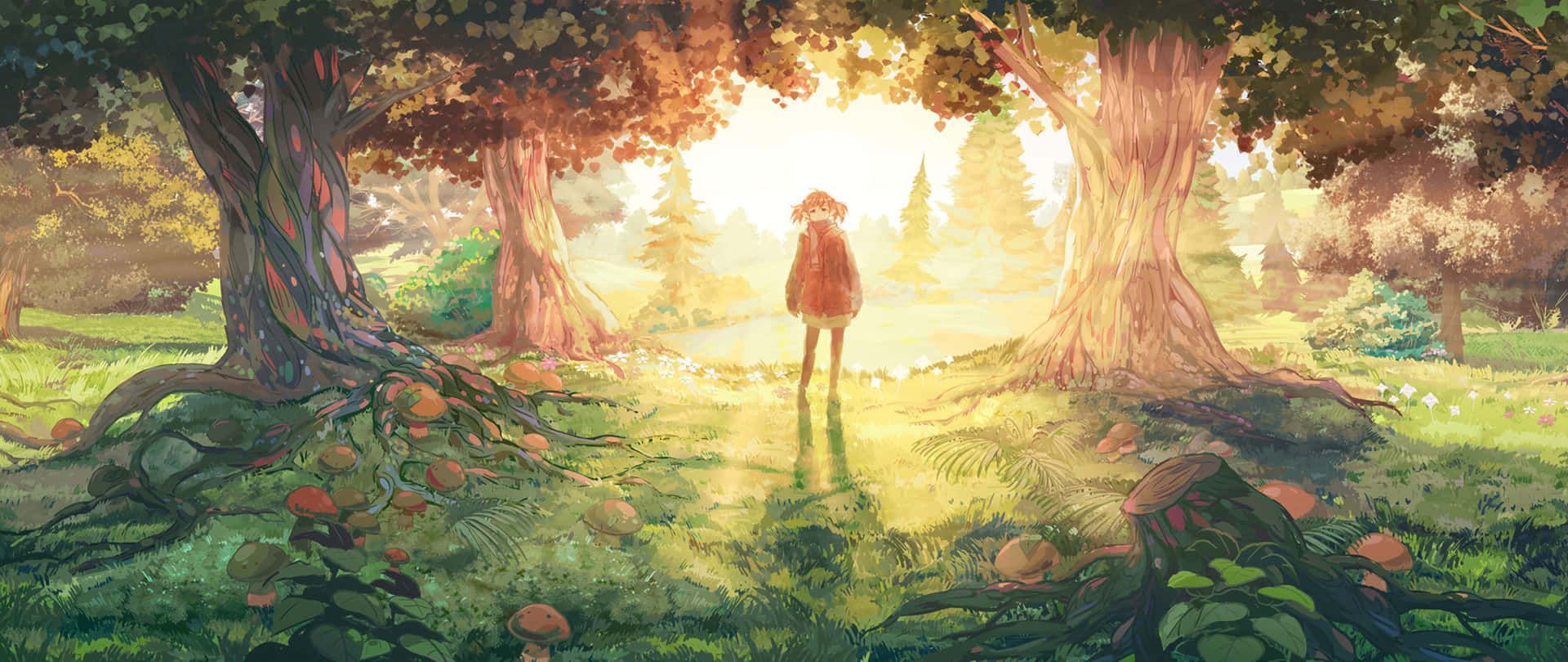 1920x810 Download Dual Monitor Anime Girl Forest Wallpaper