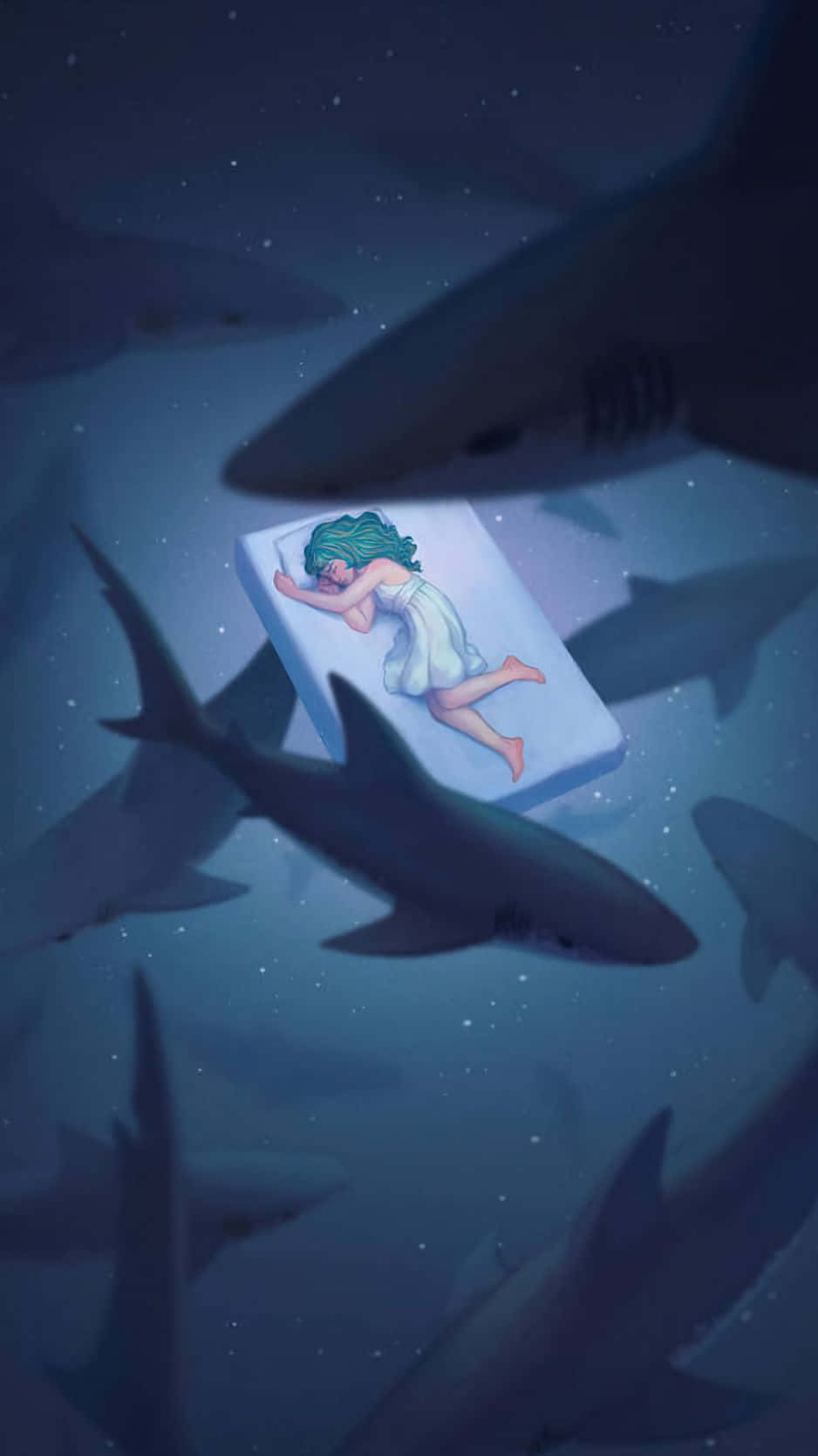938x1668 Download A Girl Is Sleeping In The Ocean With Sharks Around Her Wallpaper