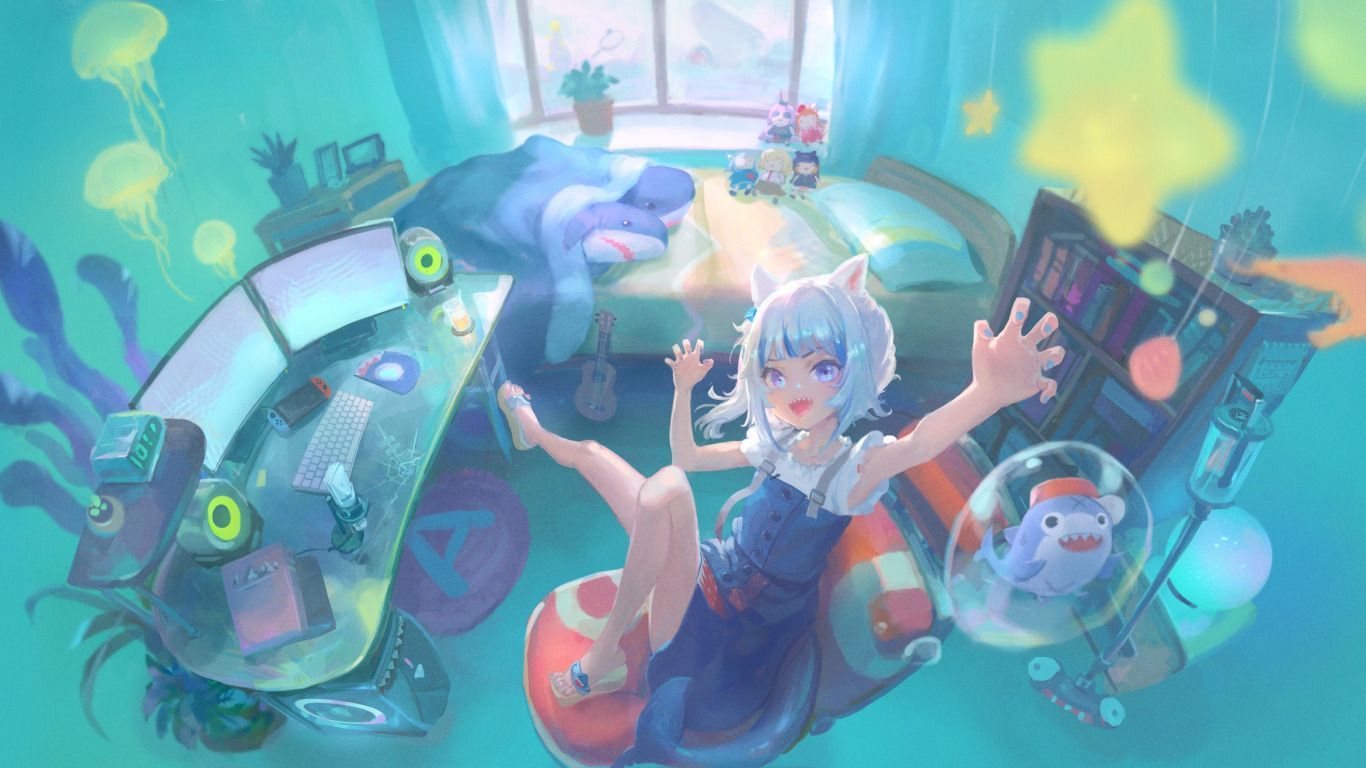 1366x768 Download wallpaper computer, girl, room, toys, sharks, Virtual Youtuber, Gawr Gura, CatShark Gura, section art in resolution 1366x768