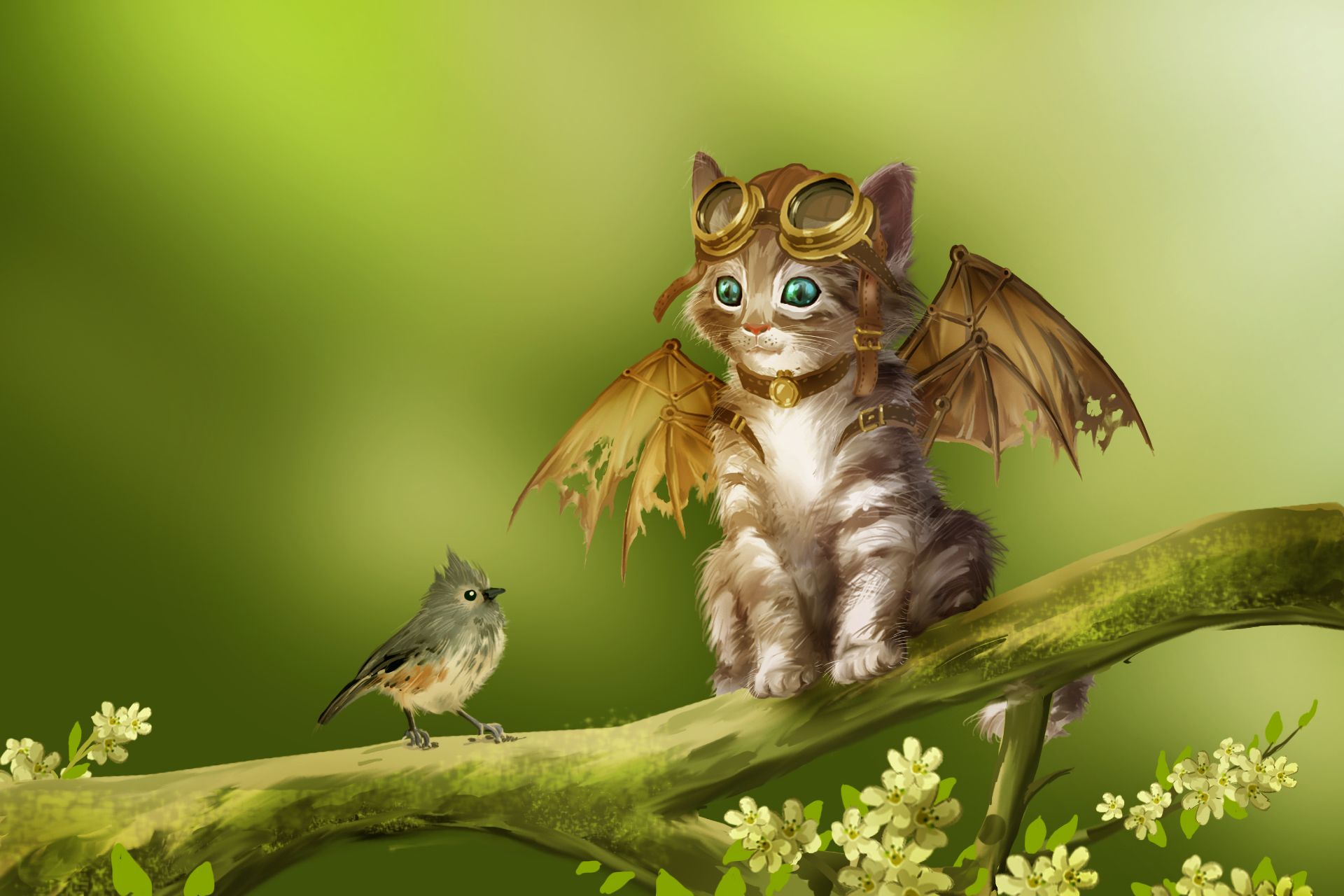 1920x1280 HD desktop wallpaper: Fantasy, Bird, Cat, Wings, Cute, Goggles, Fantasy Animals download free picture