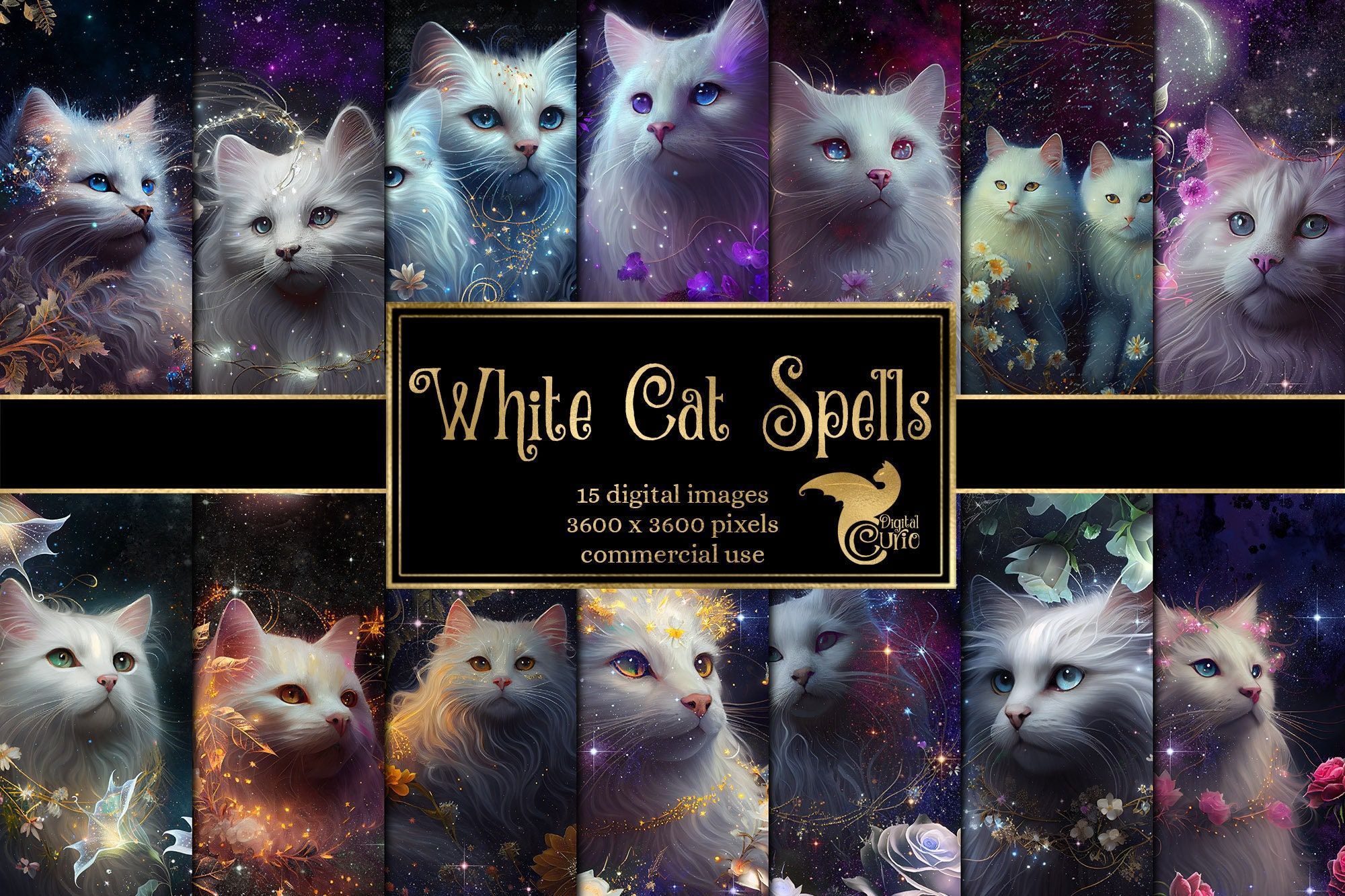 2000x1333 White Cat Spells Digital Paper Celestial Fantasy Cats Grunge