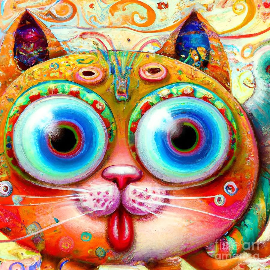 900x900 Chaotic and Colorful Fantasy Cat sticking out its Tongue Digital Art by Christine Aka stine