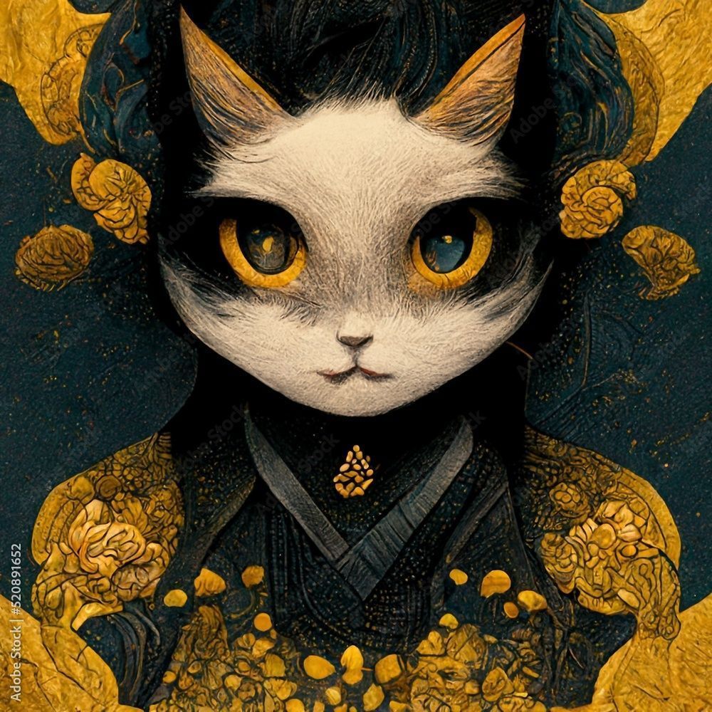 1000x1000 Fantasy magical cat. Artistic abstract cute animal. Perfect for phone wallpaper or for posters. Stock Illustration