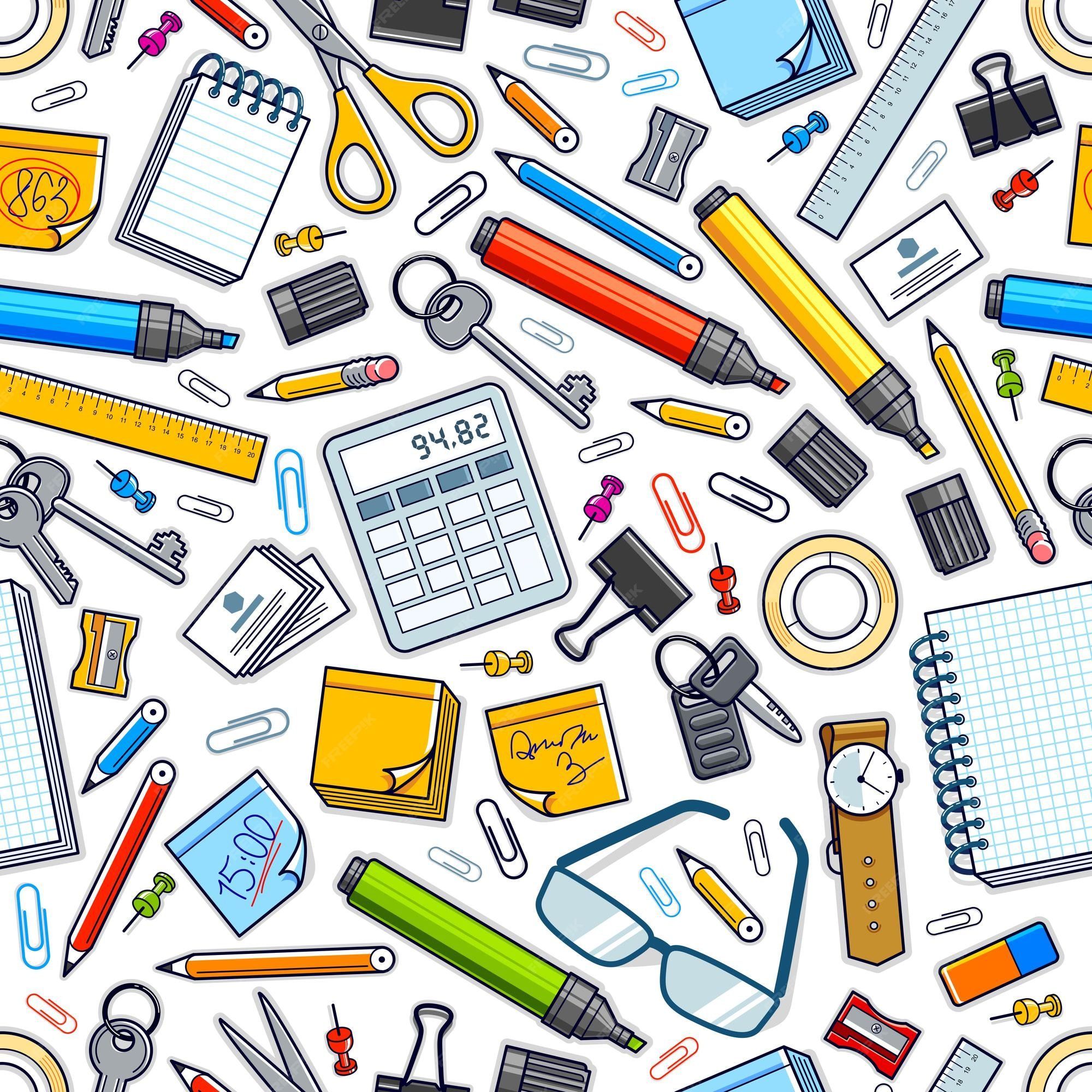 2000x2000 Premium Vector. Work office desk top view with a lot of different stationery elements seamless vector wallpaper, business job theme image with diversity objects illustrations pic